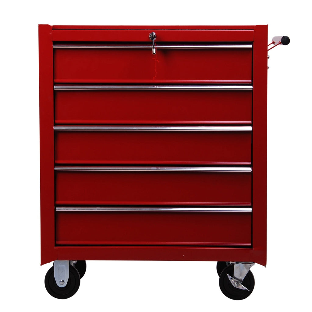 EASYCOMFORT Tool Trolley with 5 Drawers, Lock, 2 Keys and Handlebar Removable Wall 2 Wheels with Brake in EVA Steel Sheet Red 67.5x33x77cm