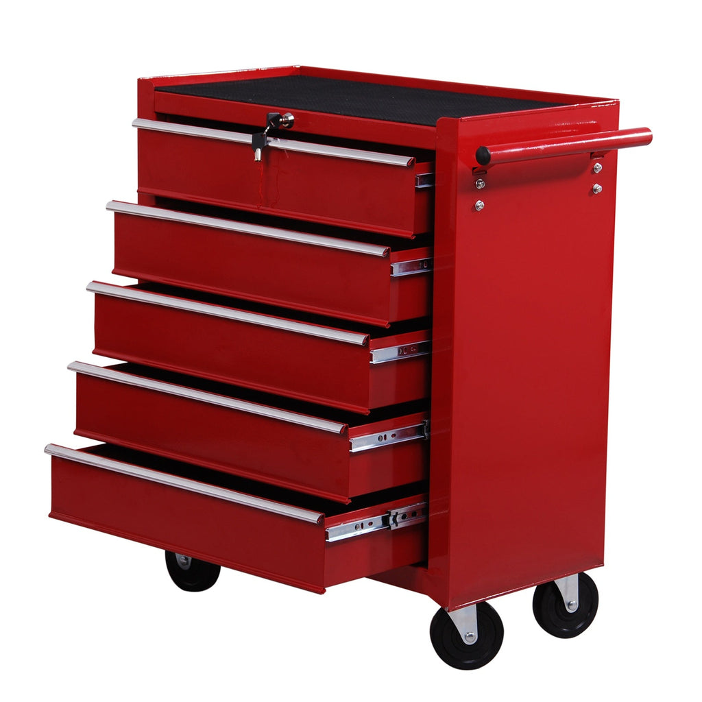 EASYCOMFORT Tool Trolley with 5 Drawers, Lock, 2 Keys and Handlebar Removable Wall 2 Wheels with Brake in EVA Steel Sheet Red 67.5x33x77cm