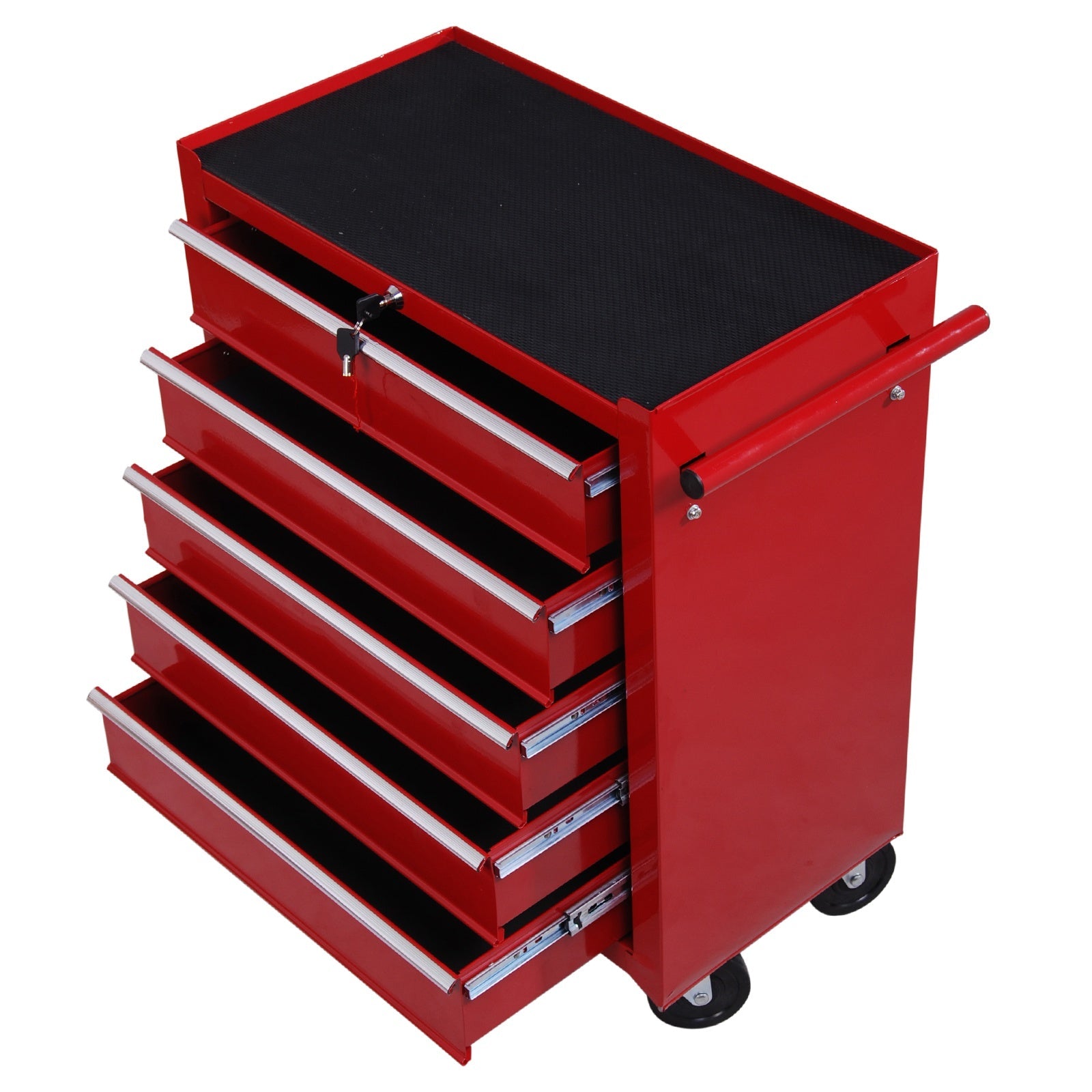 EASYCOMFORT Tool Trolley with 5 Drawers, Lock, 2 Keys and Handlebar Removable Wall 2 Wheels with Brake in EVA Steel Sheet Red 67.5x33x77cm