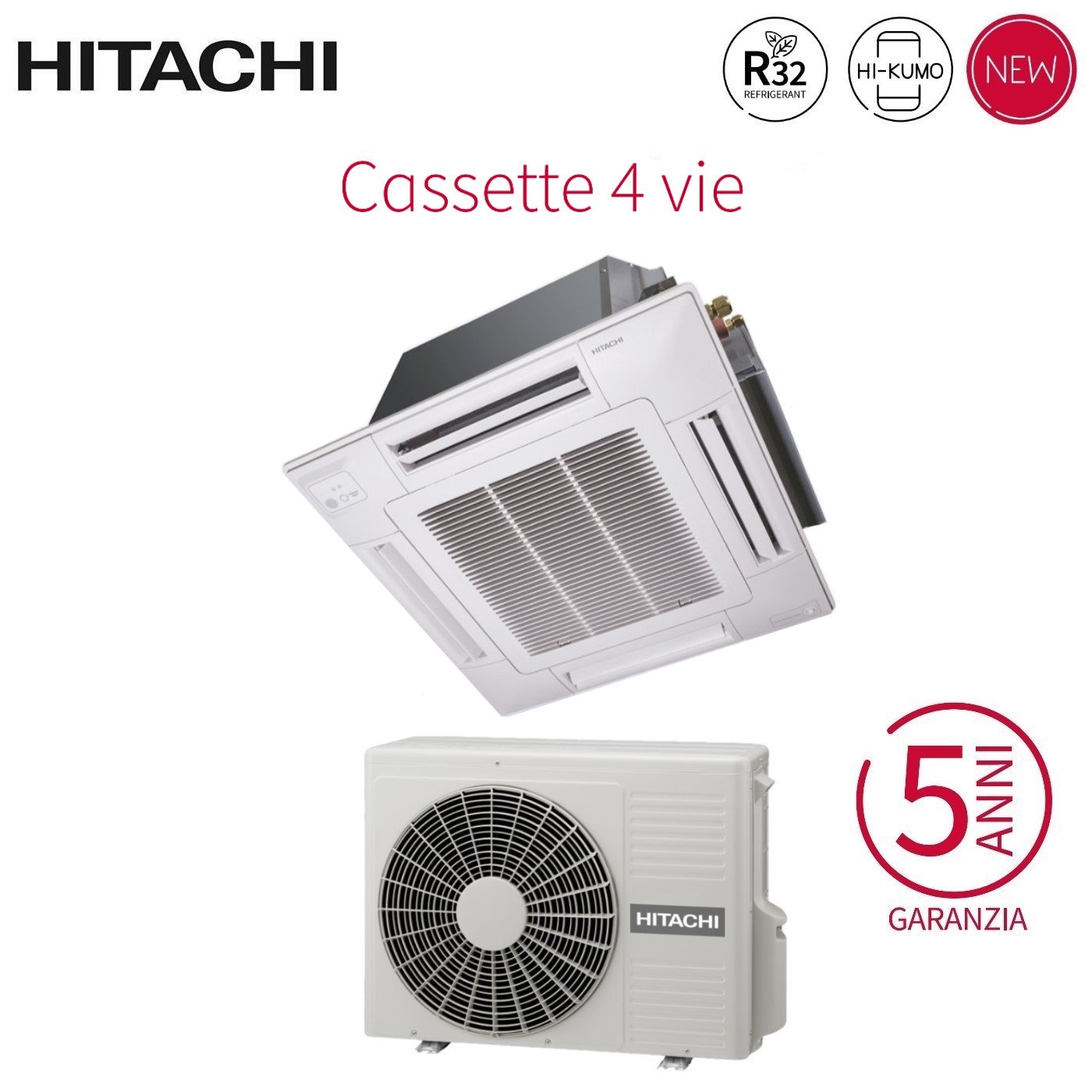 Air conditioner Hitachi a Cassetta 4 Vie Inverter 18000 Btu RAI-50RPE R-32 optional Wi-Fi with Griglia Inclusa - Novità