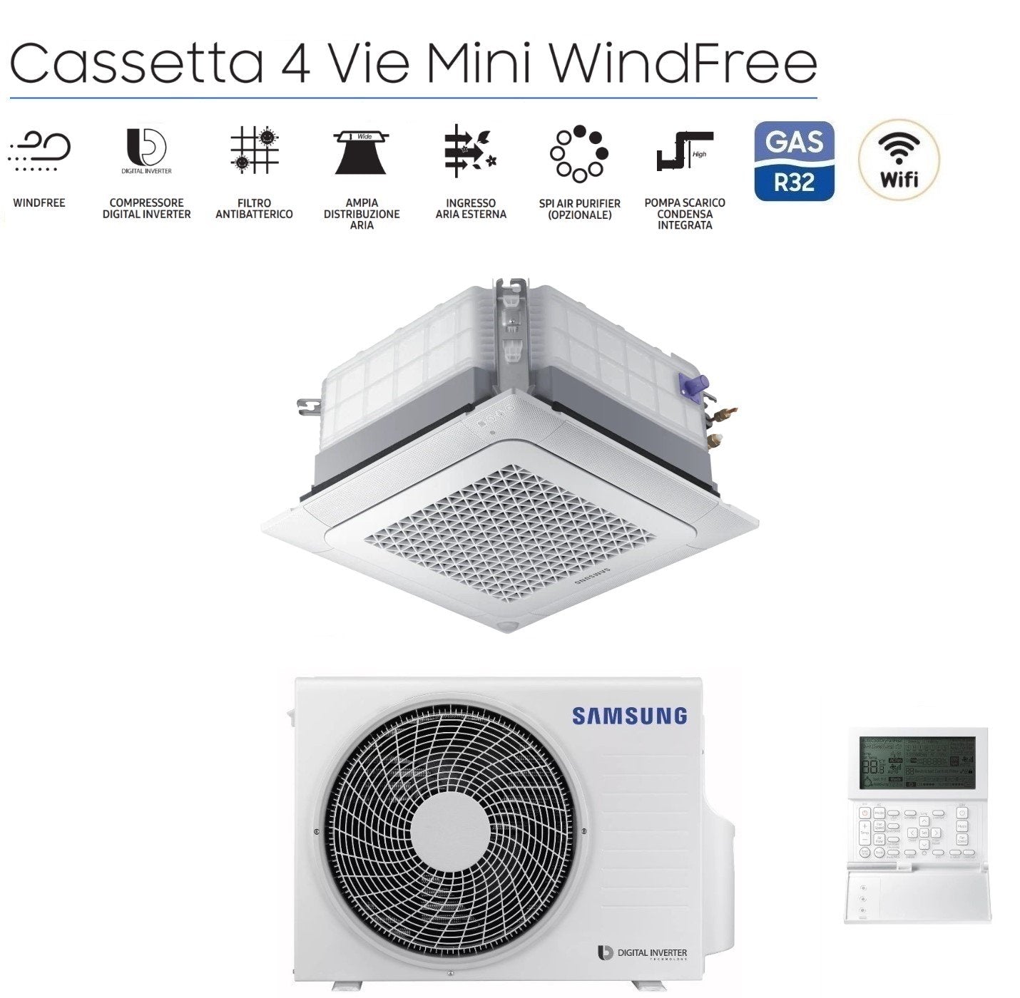 Samsung Inverter Air Conditioning Cassette 4 Way Mini Windfree 9000 btu R-32 AC026RNNDKG with panel and wired control - NEW