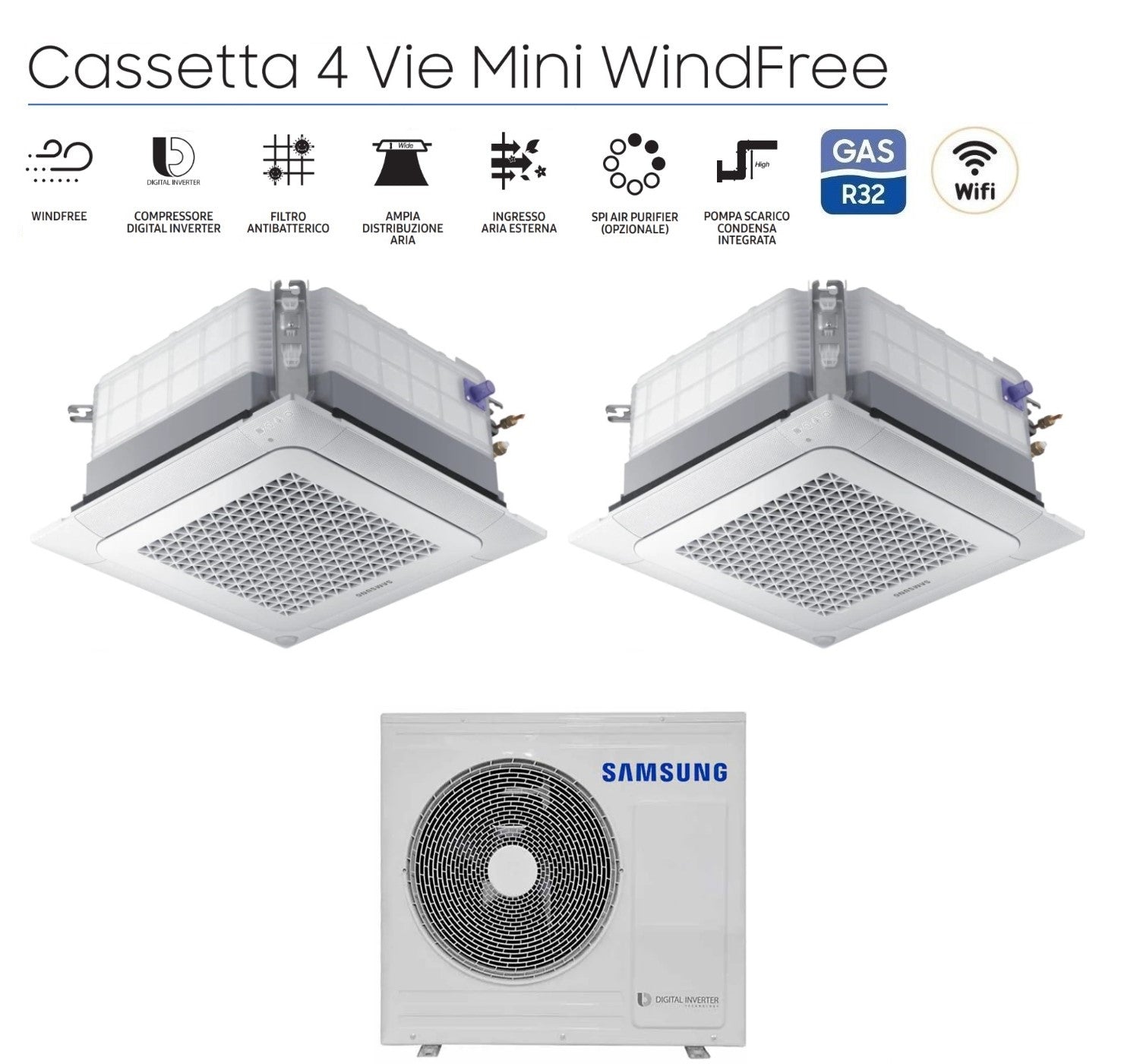 Samsung Dual Split Inverter Air Conditioner Cassette 4 Way Mini Windfree 18+18 with AJ100TXJ5KG/EU R-32 18000+18000 Wi-Fi Optional with Grille Included