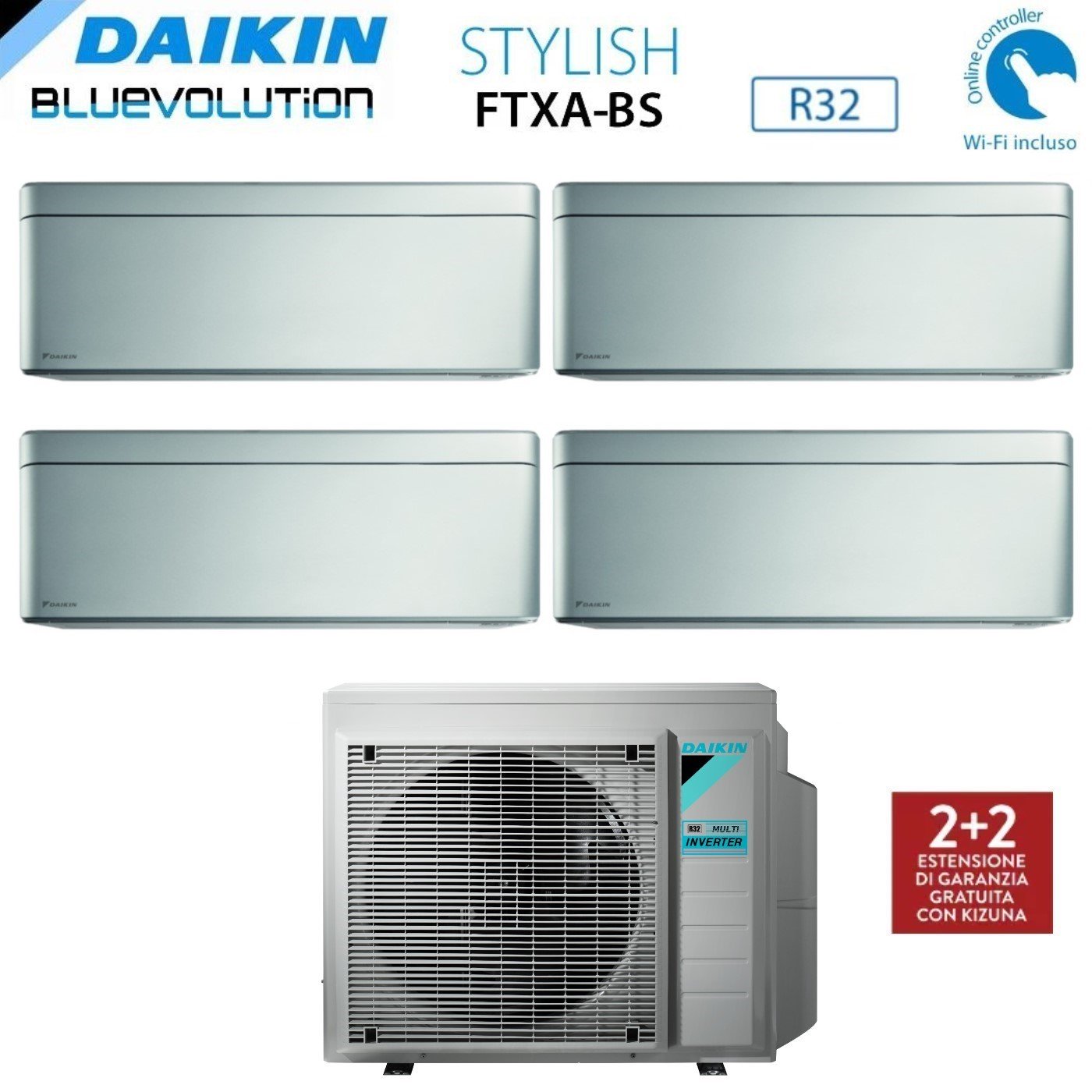 Daikin Bluevolution Air Conditioner Split Inverter Panels STYLISH TOTAL SILVER series FTXA-BS 9+9+9+12 with 4MXM80N R-32 Integrated Wi-Fi 9000+9000+9000+12000 GRAY color Italian warranty - News 2020
