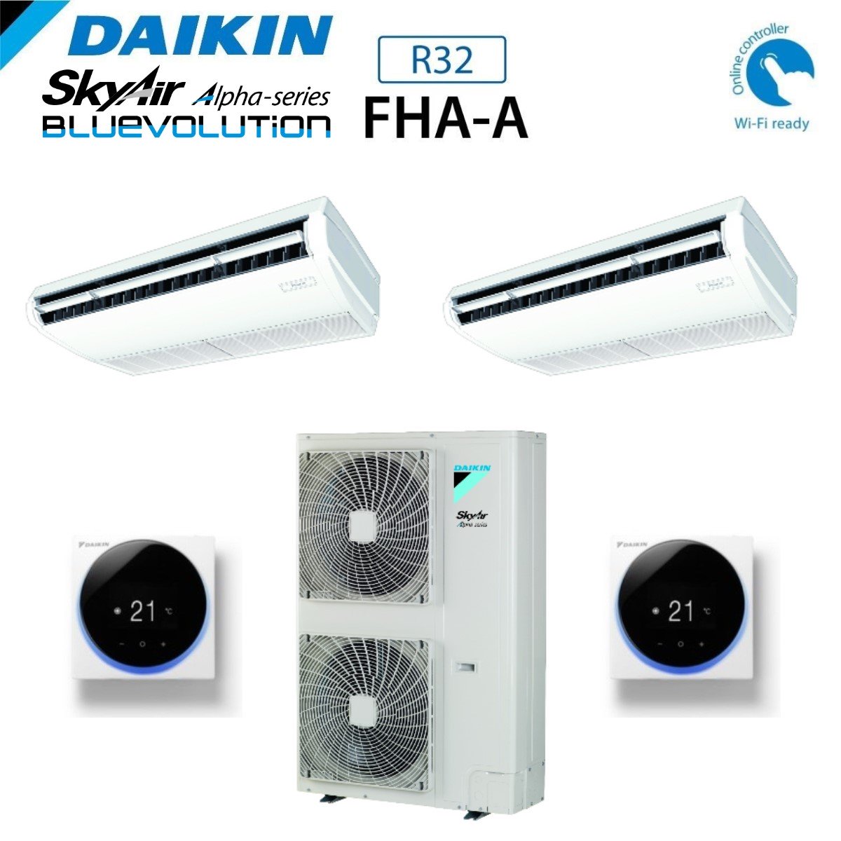 Daikin Dual Split Inverter Ceiling Hanging Air Conditioner FHA-A 24+24 with RZAG140MY1 R-32 Three-phase Wi-Fi Optional 24000+24000 with Wire Control Included