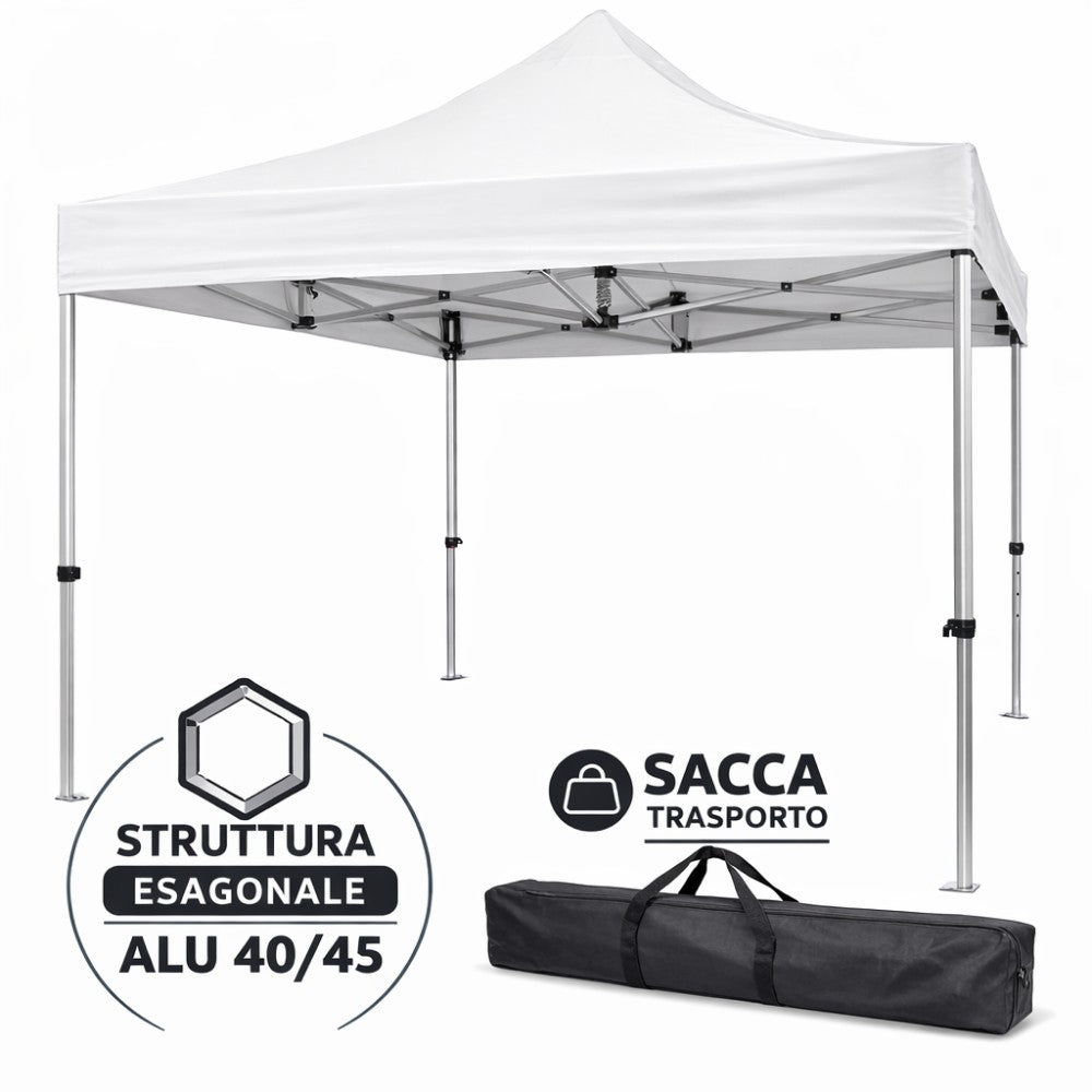 Gazebo Richiudibile Professionale Market-Pro 3x3 Struttura In Alluminio Esagonale Impermeabile Bianco