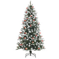 Easycomfort Albero di Natale Innevato 180cm with Bacche Rosse e Pigne Bianche, Base Rimovibile Pieghevole, 678 Rami, Verde