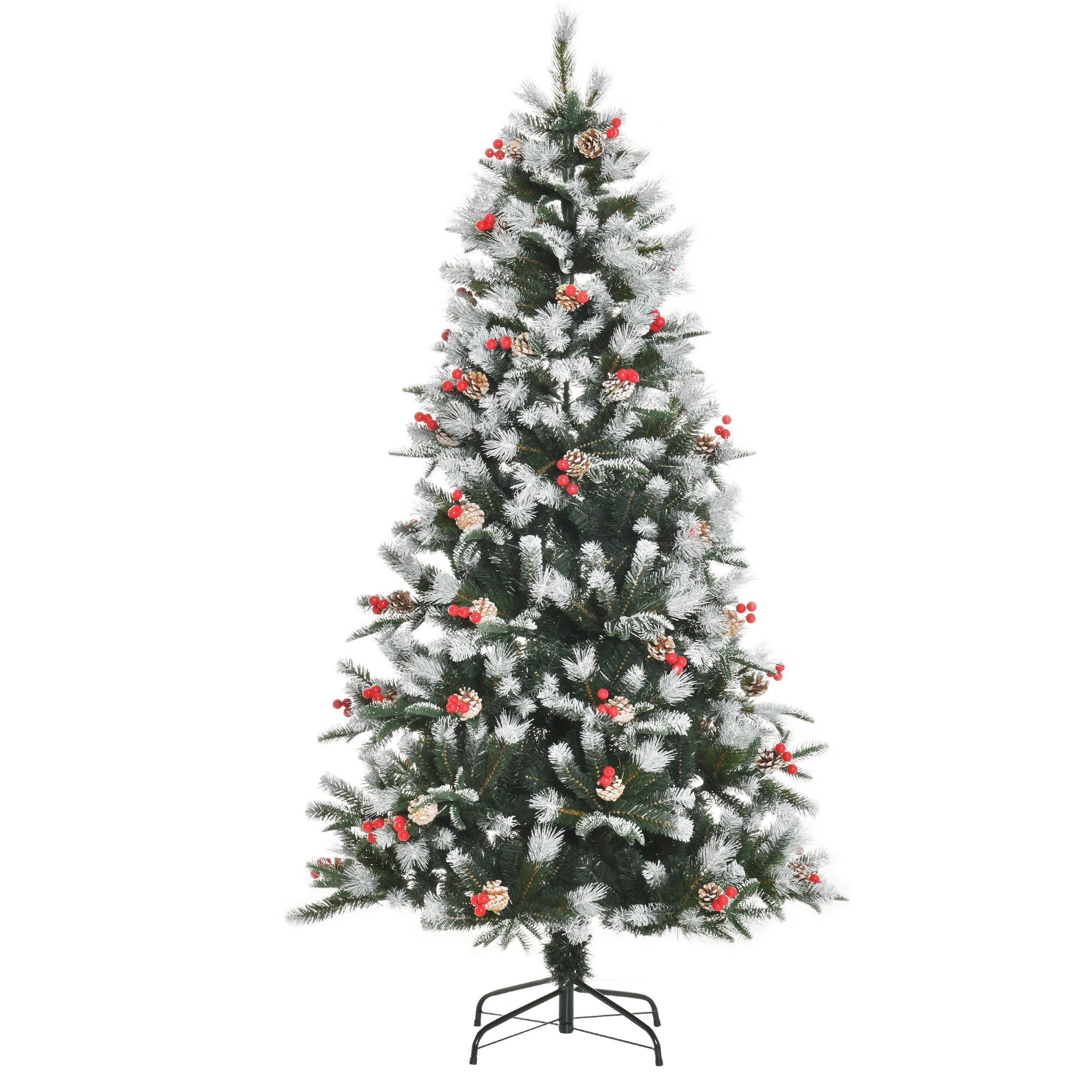 Easycomfort Albero di Natale Innevato 180cm with Bacche Rosse e Pigne Bianche, Base Rimovibile Pieghevole, 678 Rami, Verde
