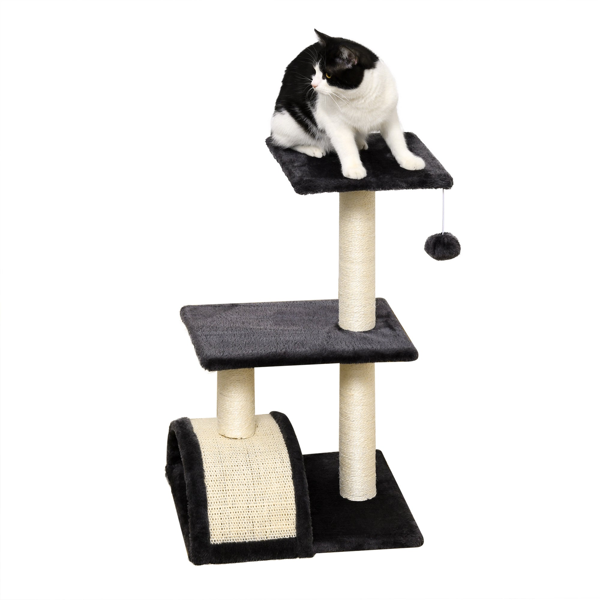 EasyComfort Albero per Gatti a 3 Livelli con Tappetino Tiragraffi ad Arco, in Legno, Peluche e Sisal, 40x35x72 cm, Grigio