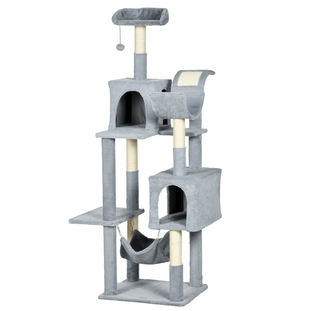 Easycomfort Albero per Gatti with Amaca, Lettino e 2 Casette, in Truciolato e Peluche, 55x49x177 cm, Grigio e white