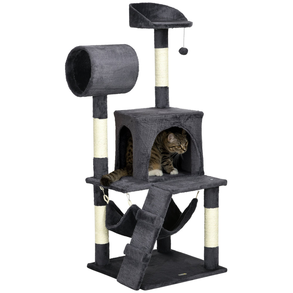 EASYCOMFORT Cat Tree with Cat Scratching Post, Cat House, Hammock, Bed, Tunnel and Ball, 48x48 x125 cm, Dark Gray