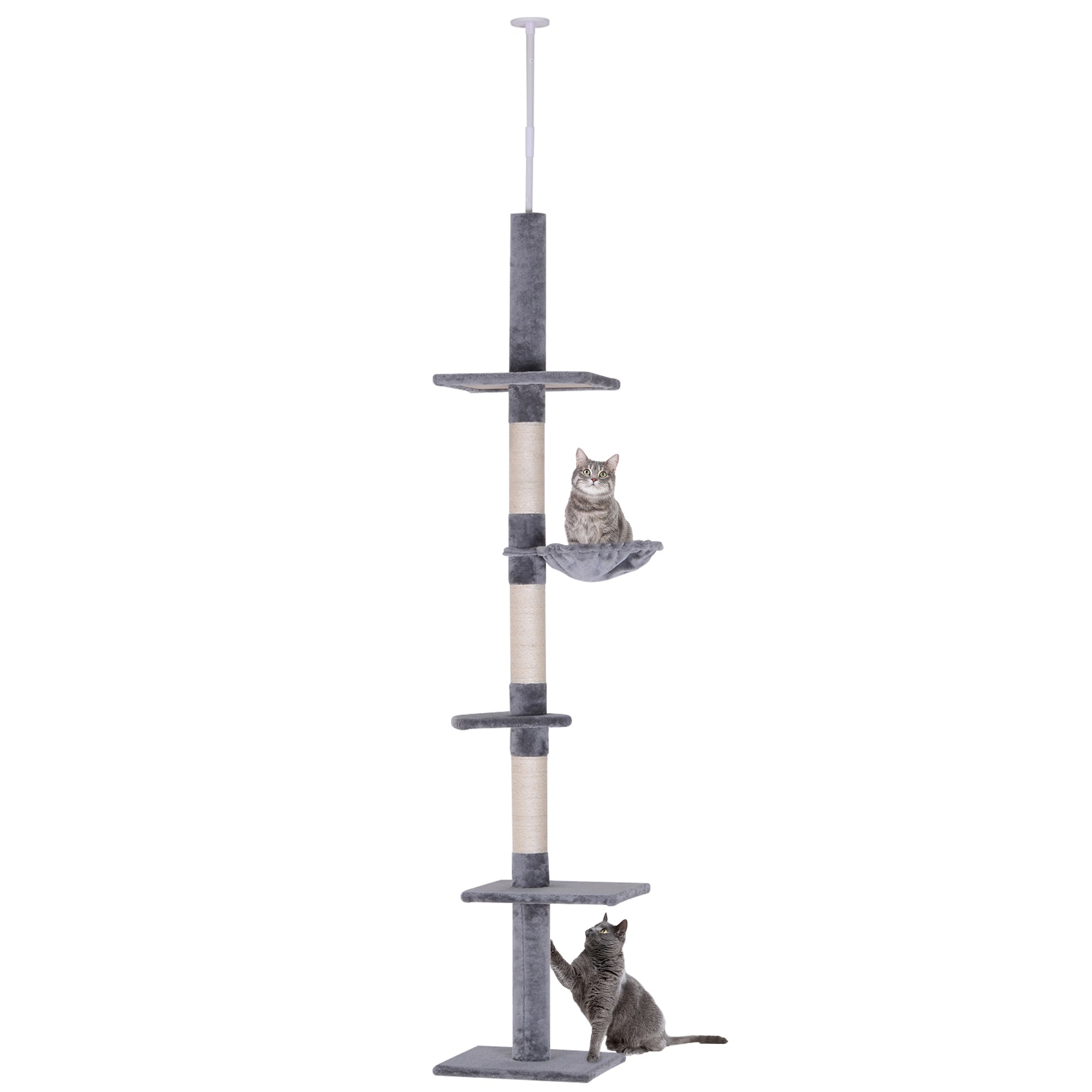 EasyComfort Albero Tiragraffi a 4 Livelli ad Altezza Regolabile, in Truciolato, Peluche e Sisal, 40x34x230-260 cm, Grigio