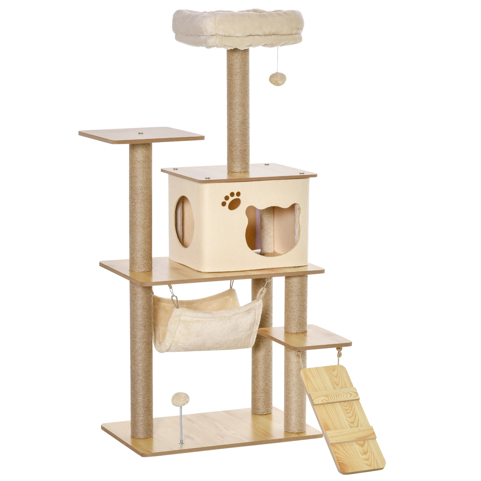 EASYCOMFORT Multilevel Scratching Tree with House, Hammock, Ladder and Jute Ropes, Plush Cover, 60x40x130cm, Yellow