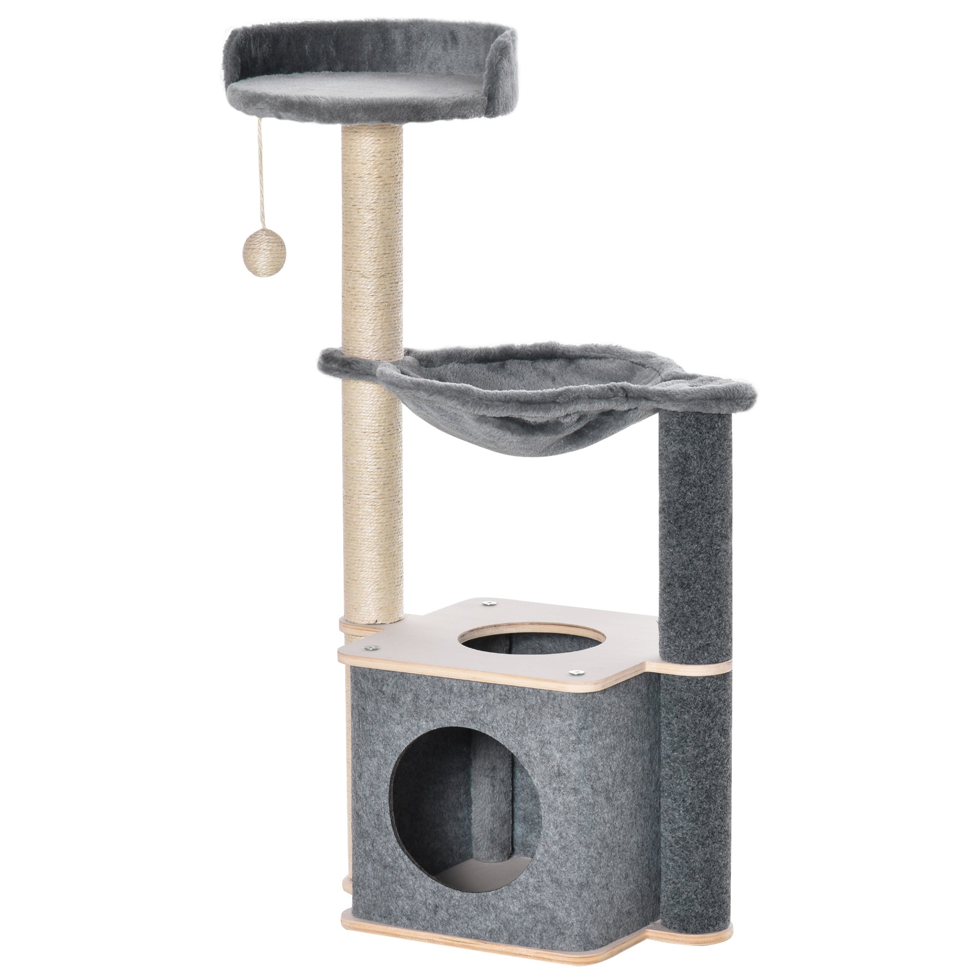 EASYCOMFORT Multilevel Scratching Post Tree for Adult Cats, Cat Gym with House, Hammock, Kennel and Sisal Ropes, 48x34x95cm, Gray