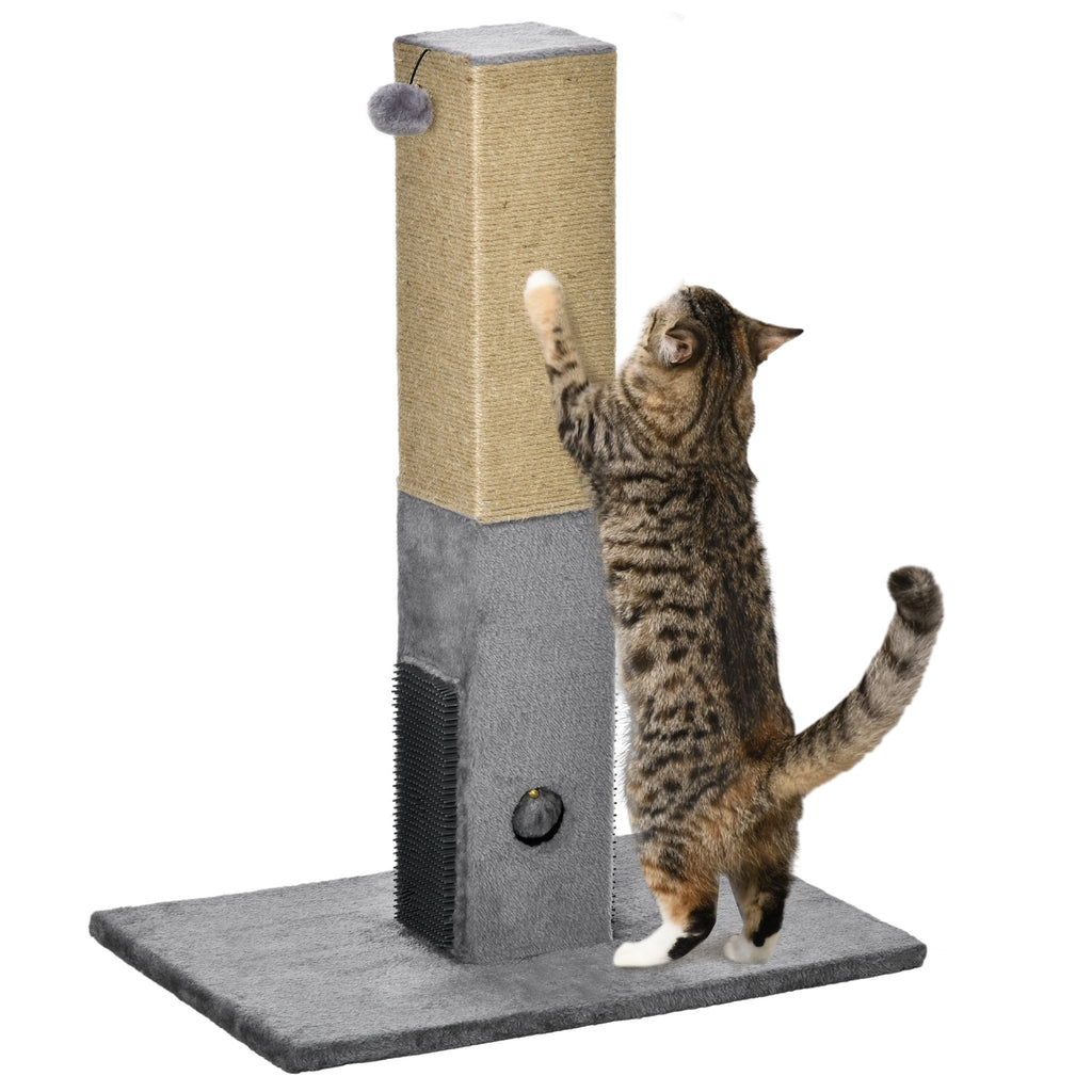 EasyComfort Albero Tiragraffi per Gatti con 2 Palline Giocattolo e Spazzola, in Legno, Iuta e Peluche, 59.5x39x79 cm, Grigio