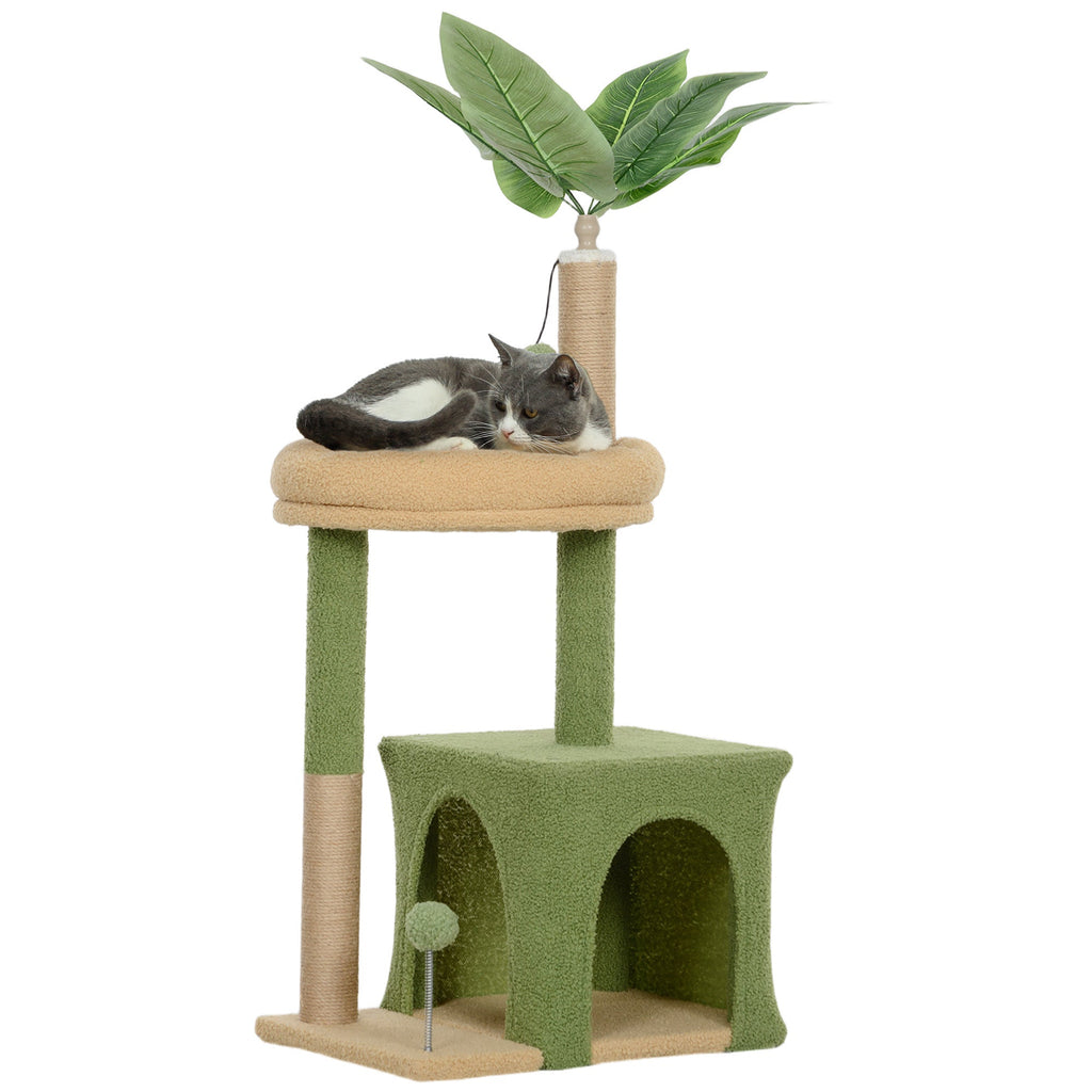 EasyComfort Albero Tiragraffi per Gatti with Casetta, Lettino e 2 Palline, in Legno e Poliestere, 44x30x98 cm, Verde e Marrone