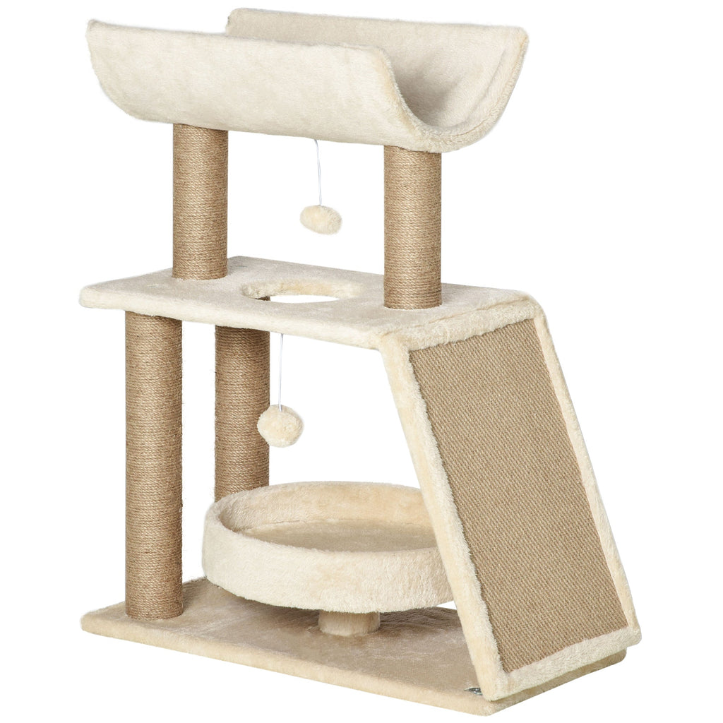 EasyComfort Albero Tiragraffi per Gatti con Lettino, Cuccia e Tappetino, in Legno, Peluche e Sisal, 60x30x76 cm, Marrone Chiaro