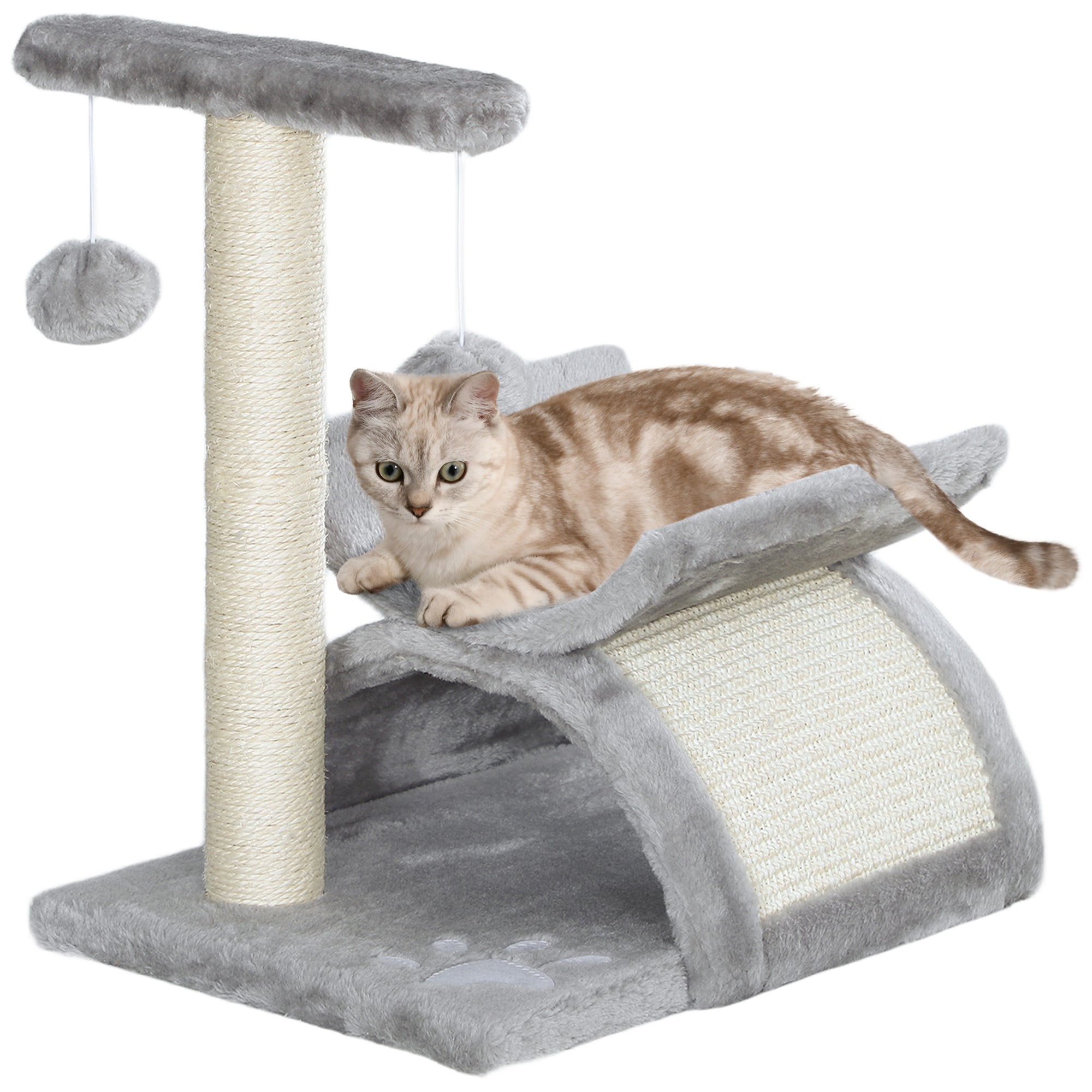 EasyComfort Albero Tiragraffi per Gatti in Peluche con Palo in Sisal, Cuccia e 2 Palline, 40x30x43cm, Grigio