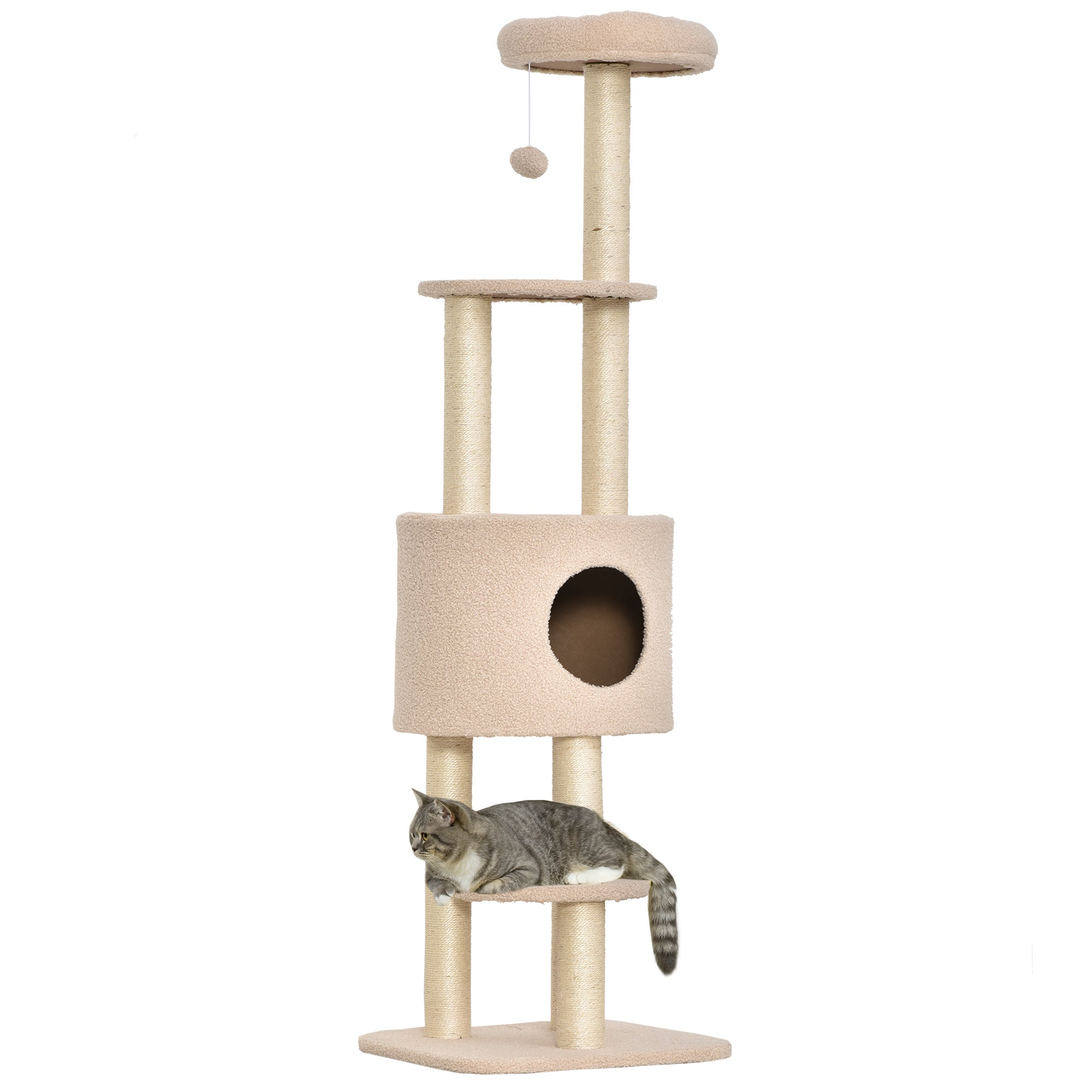 EASYCOMFORT Sturdy Scratching Post for Cats with 5 Levels, Kennel, House, Games and Sisal Rope, Beige, Max 30kg