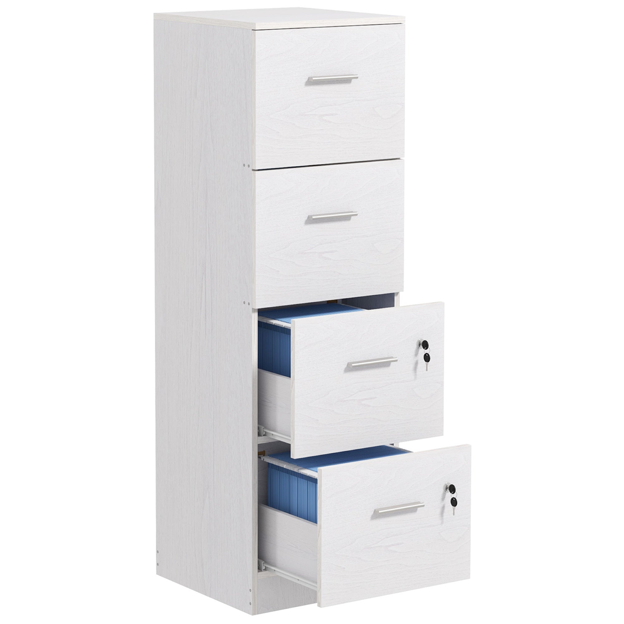 EasyComfort Armadio per Ufficio a 4 Cassetti con 2 Serrature e Barra Portadocumenti, in Legno, 40x42x130.8 cm, Bianco