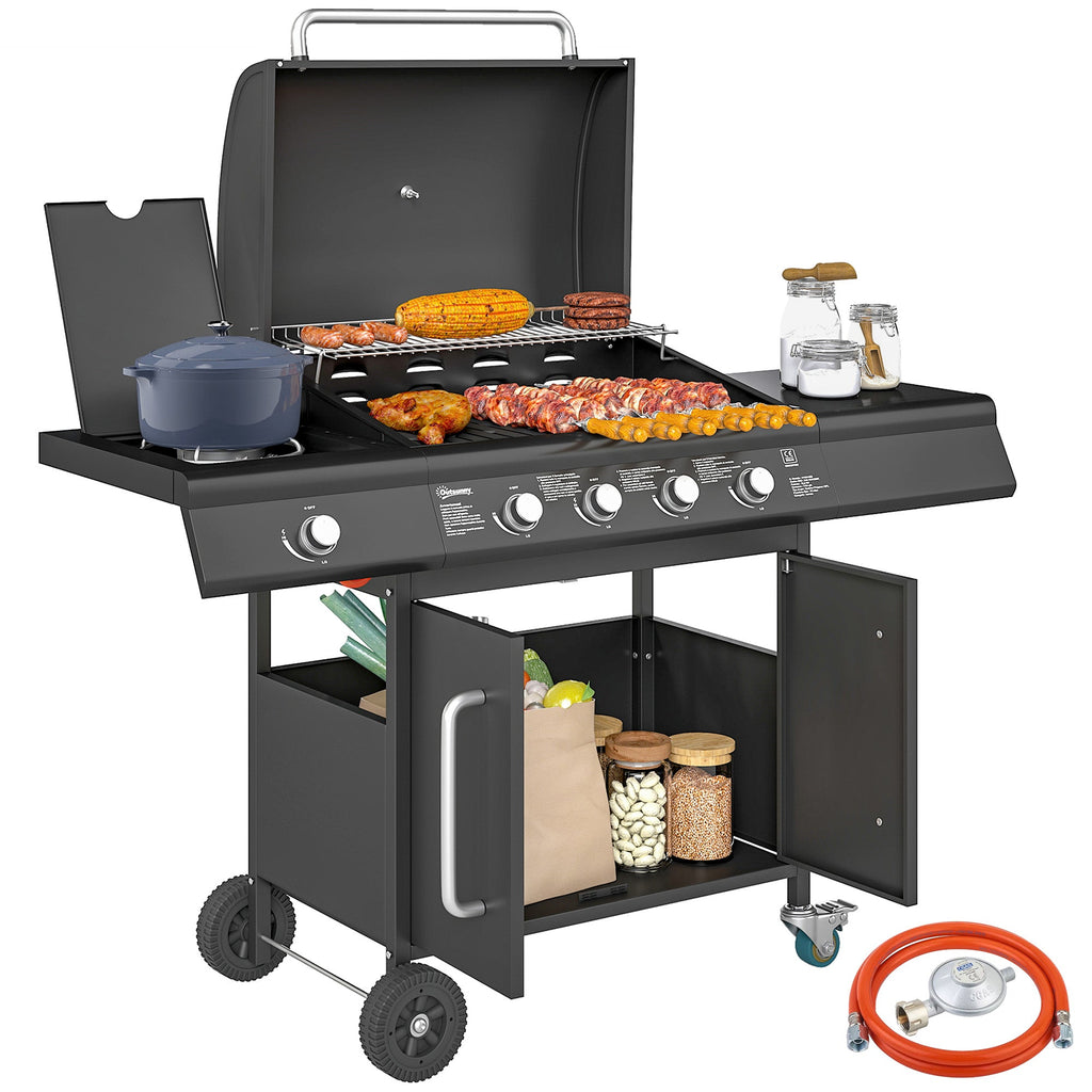 EasyComfort Barbecue a Gas with Fornello Laterale, Tavolino e Armadietto, in Acciaio e PP, 129.5x56x110 cm, black