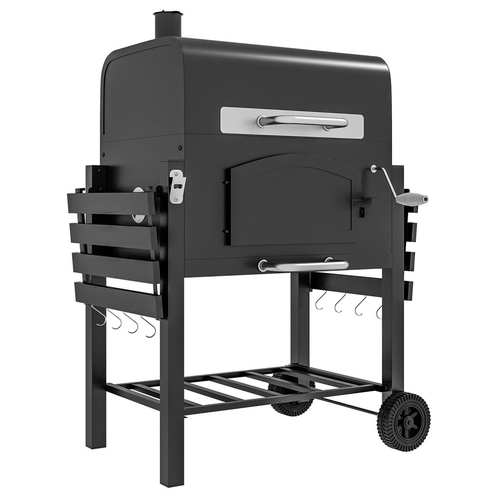 EasyComfort Barbecue da Giardino a 2 Ruote with Griglia, Affumicatore e Fornello, in Metallo e Ghisa, 124x66x112 cm, black
