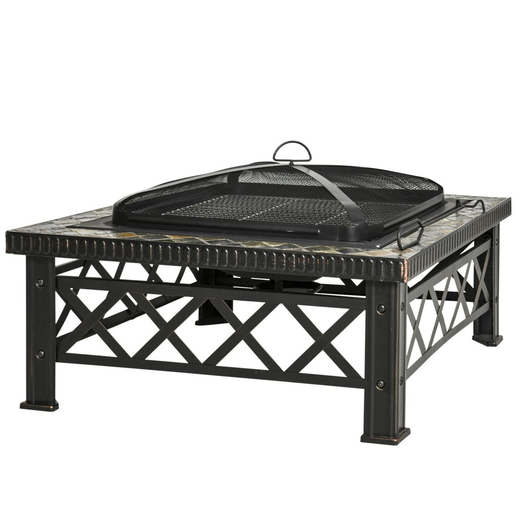 EASYCOMFORT Garden Brazier with Spark Arrestor Lid and Metal Barbecue Grill 76x76x47cm Black