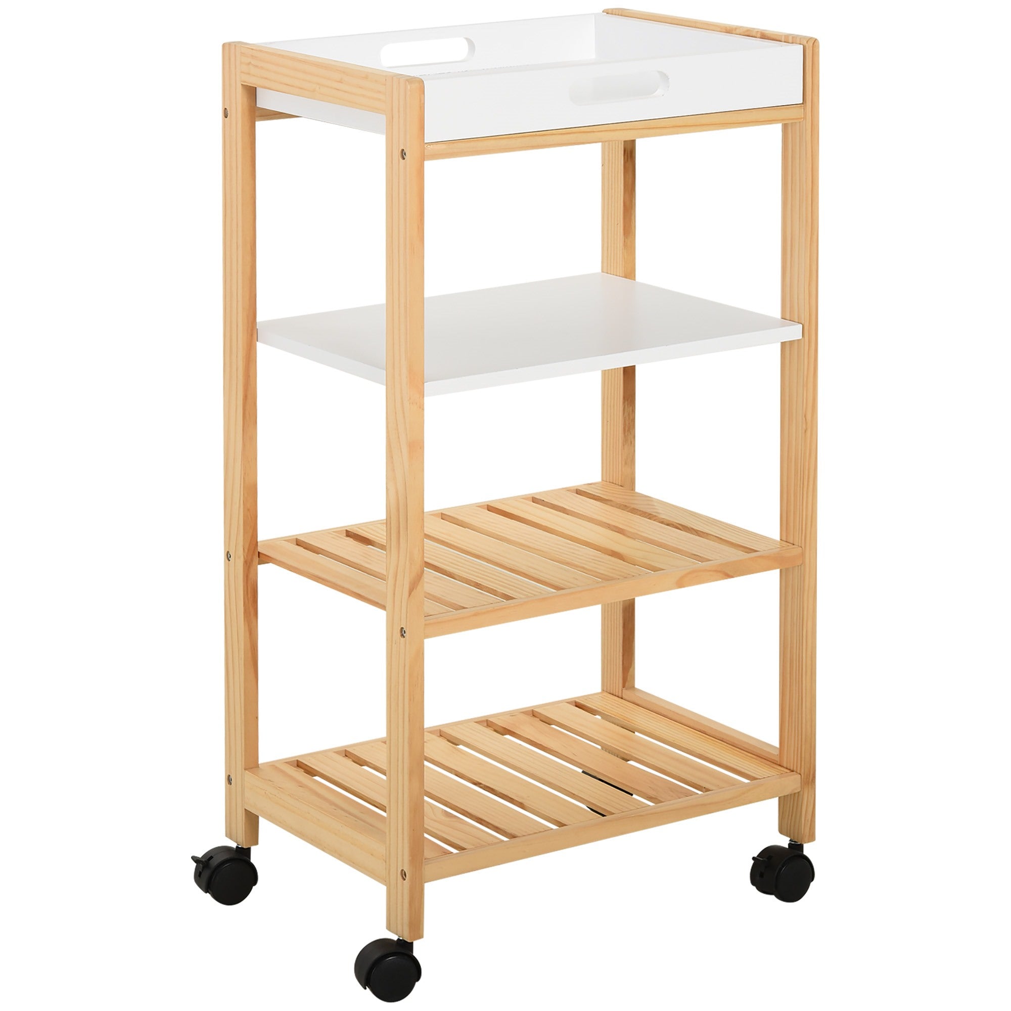 Easycomfort Carrello da Cucina a 4 Livelli in MDF e Legno di Pino with 4 Ruote Girevoli, 40x30x76 cm, white e Marrone
