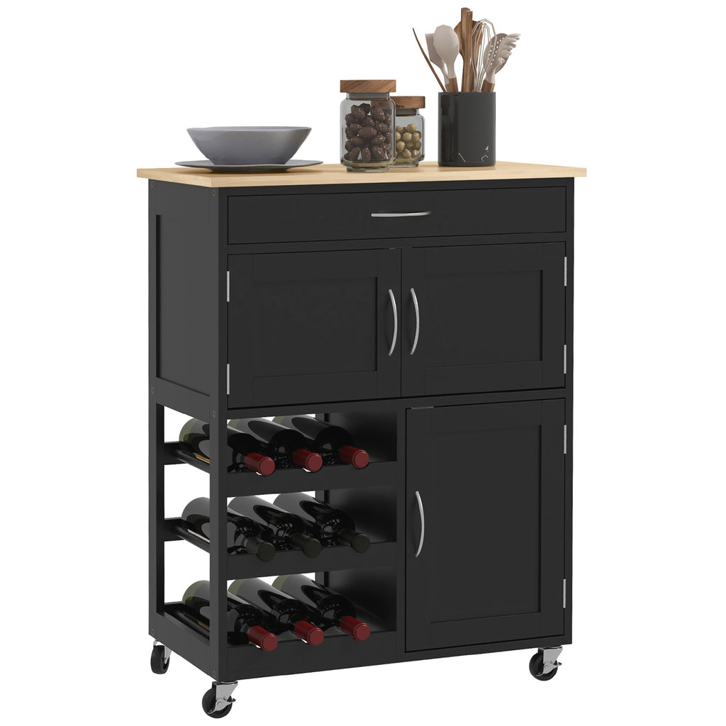 EasyComfort Carrello da Cucina in Legno with Portabottiglie, 3 Ante e Cassetto, 67x37x87 cm, black e Rovere