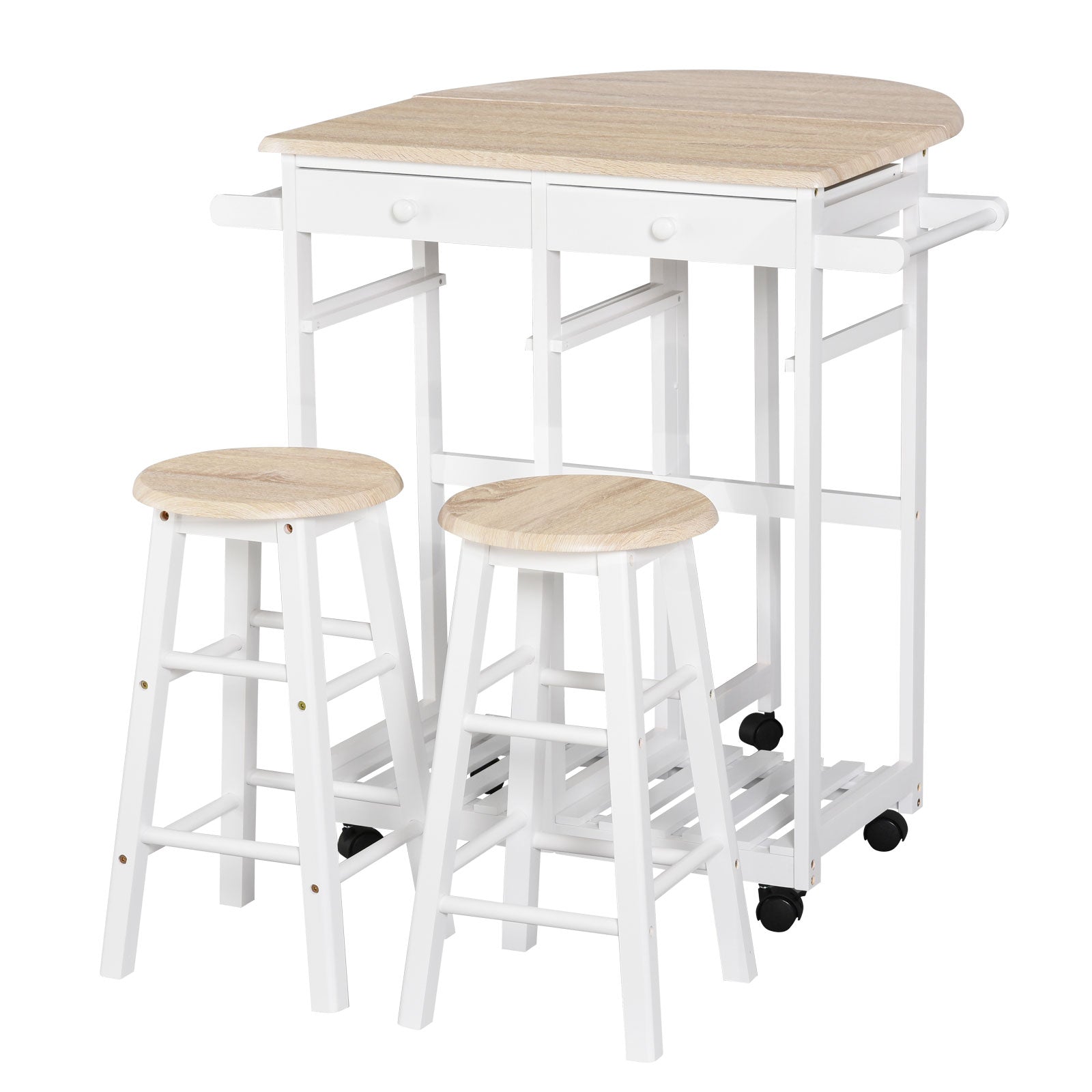 Easycomfort Carrello da Cucina Pieghevole, Mobile da Cucina Salvaspazio with 2 Sgabelli 2 Cassetti 5 Ruote (Rotazione 360°), Legno MDF white