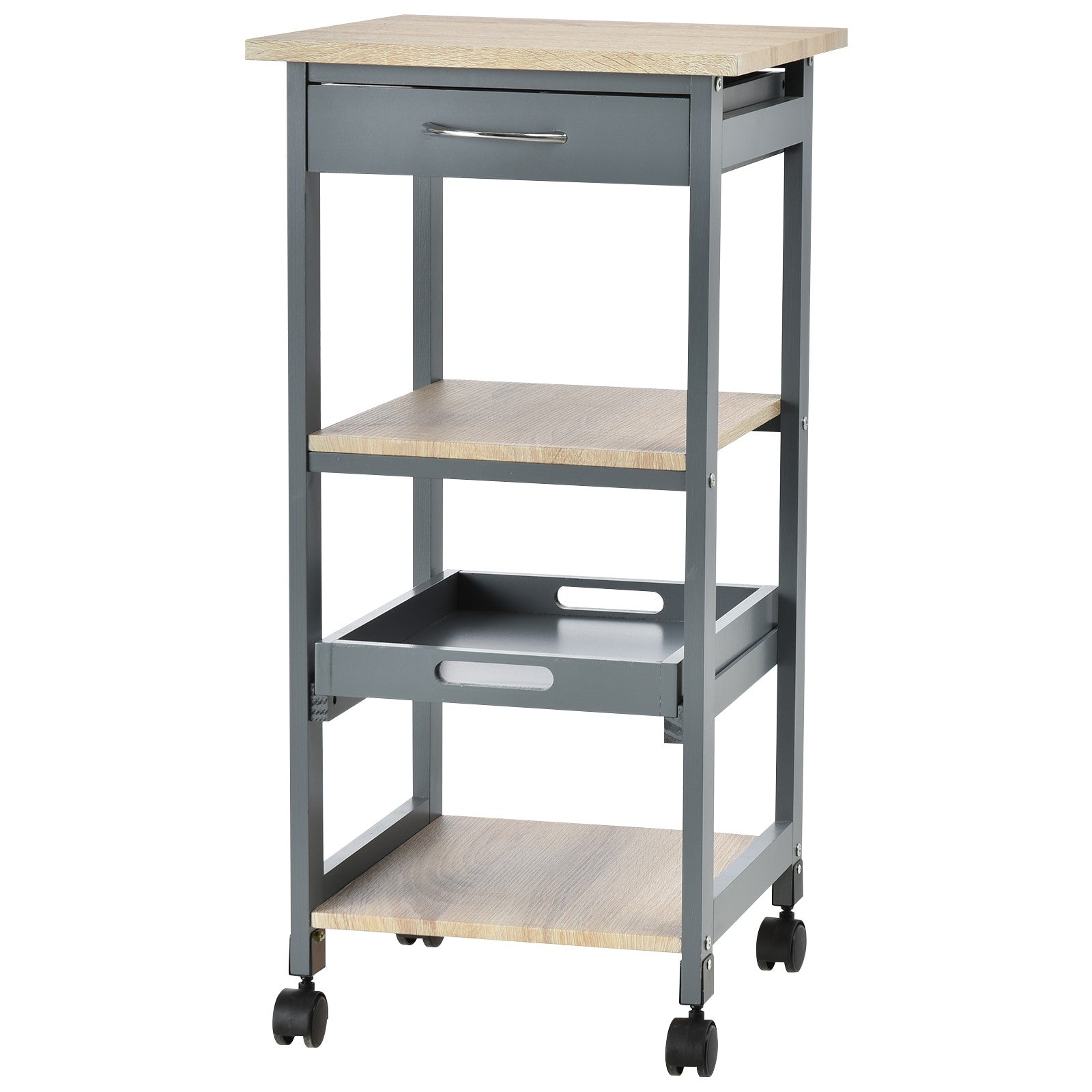 Easycomfort Carrello da Cucina Portavivande with Cassetto, 2 Ripiani e Vassoio Estraibile, 37x37x76cm, Grigio