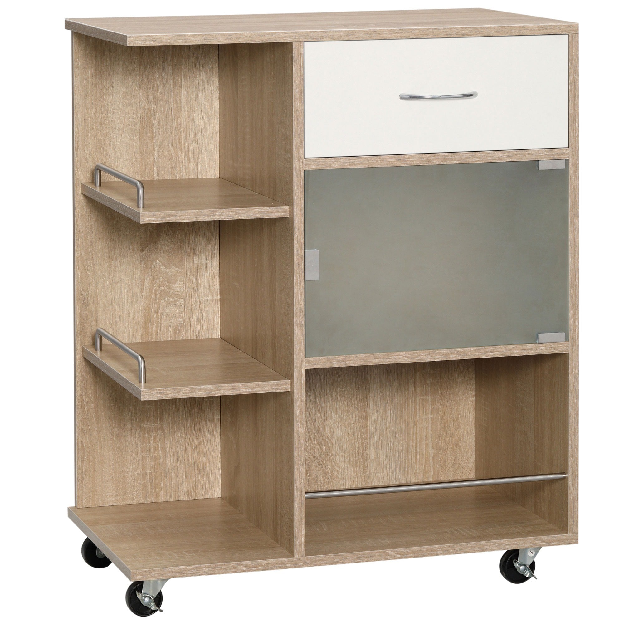 Easycomfort Carrello da Cucina Portavivande with Cassetto, Ripiani e Armadietto in Legno, Acciaio e Vetro, 65x39x80cm