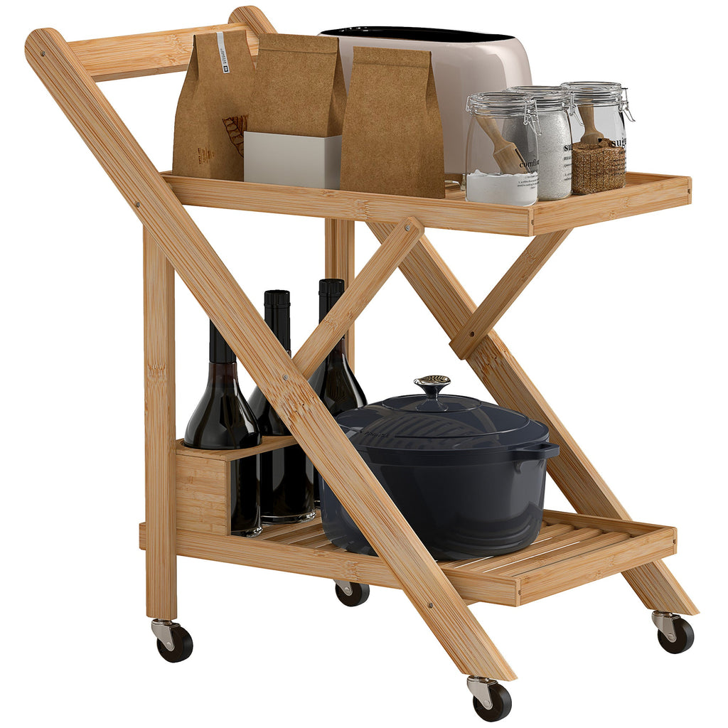 EasyComfort Carrello da Cucina Portavivande Pieghevole a 2 Livelli with Portabottiglie in Legno di Bambù
