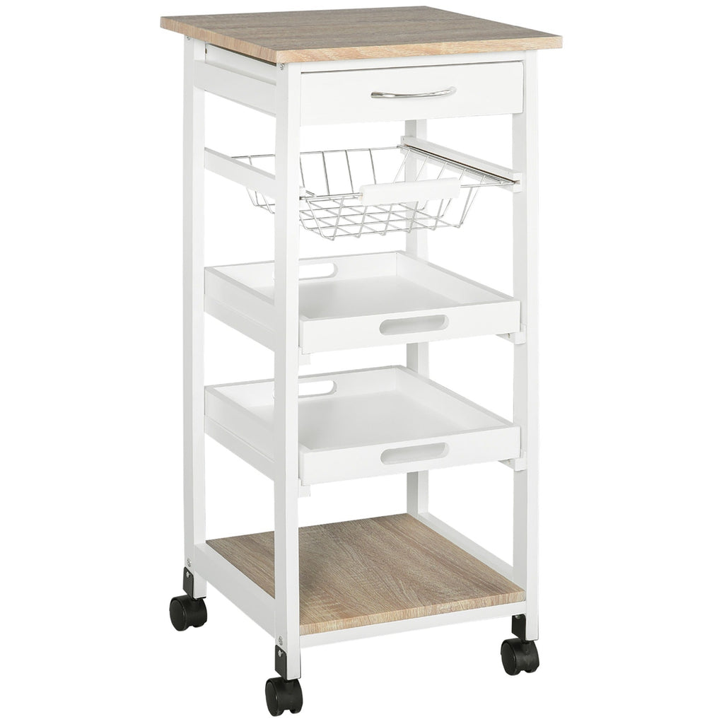Easycomfort Carrello da Cucina Salvaspazio in Legno di Pino e MDF, Carrello Portaoggetti with Cassetto, Cestello, 2 Vassoi e 4 Ruote Universale, 37x37x82cm, white