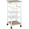 Easycomfort Carrello da Cucina Salvaspazio in Legno di Pino e MDF, Carrello Portaoggetti with Cassetto, Cestello, 2 Vassoi e 4 Ruote Universale, 37x37x82cm, white