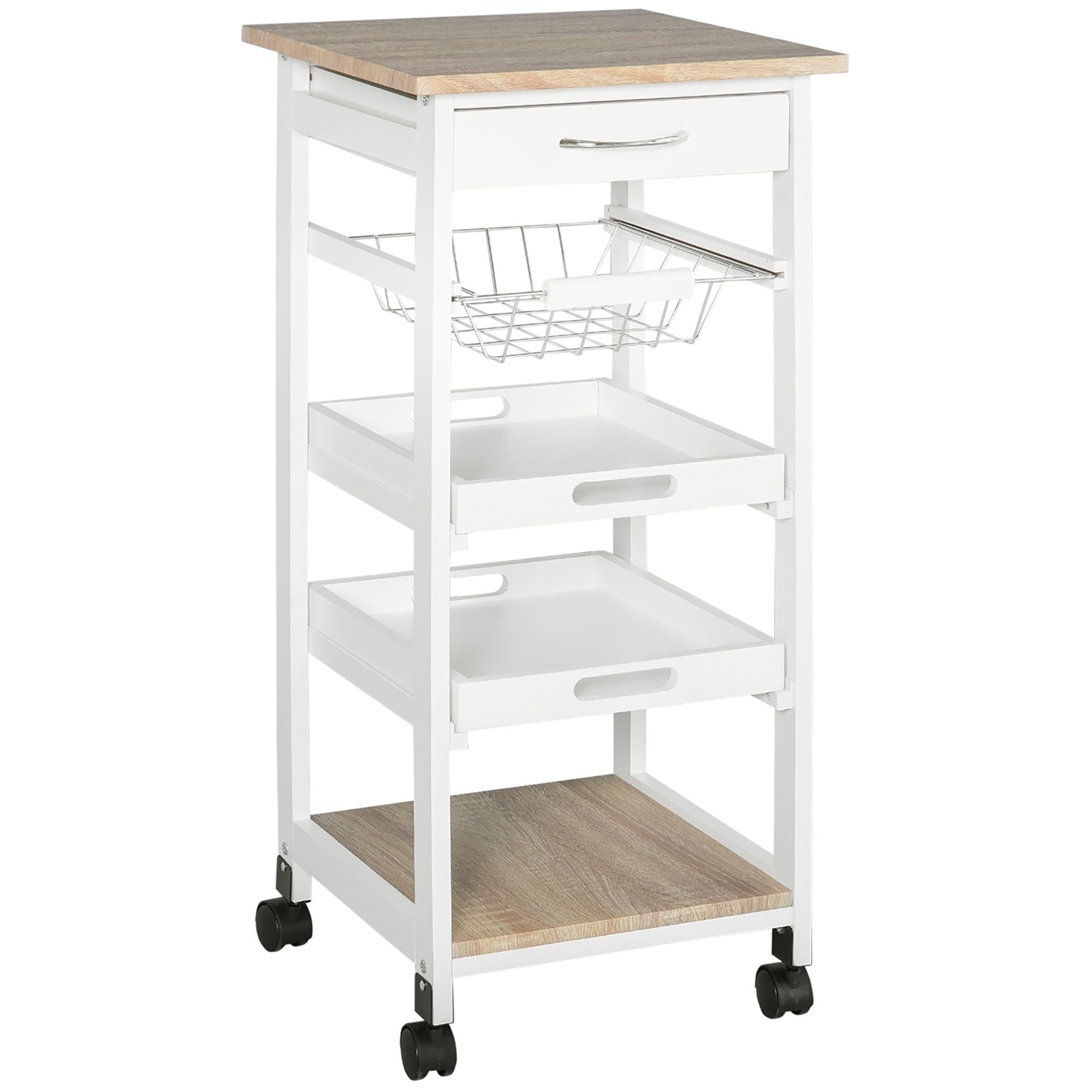 Easycomfort Carrello da Cucina Salvaspazio in Legno di Pino e MDF, Carrello Portaoggetti with Cassetto, Cestello, 2 Vassoi e 4 Ruote Universale, 37x37x82cm, white