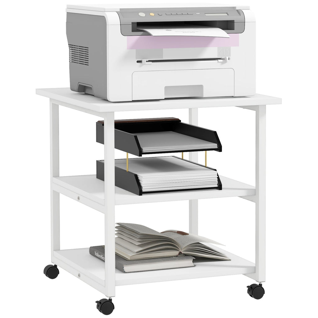 EasyComfort Carrello salvaspazio Porta Stampante a 3 Ripiani, mobile da ufficio con 4 Ruote, Legno e Acciaio, 50x50x52.5cm, Bianco
