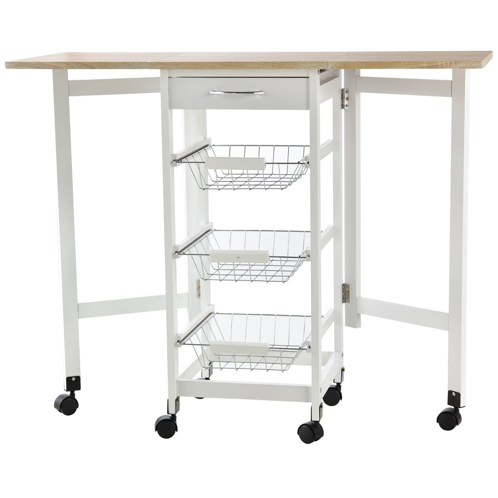 Easycomfort Carrello Portavivande Pieghevole a 6 Ruote with 3 Cestini, Cassetto e 2 Ribalte, Carrellino per Cucina in MDF e Metallo, 37x37x77.5 cm, white e Legno