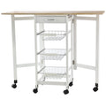 Easycomfort Carrello Portavivande Pieghevole a 6 Ruote with 3 Cestini, Cassetto e 2 Ribalte, Carrellino per Cucina in MDF e Metallo, 37x37x77.5 cm, white e Legno