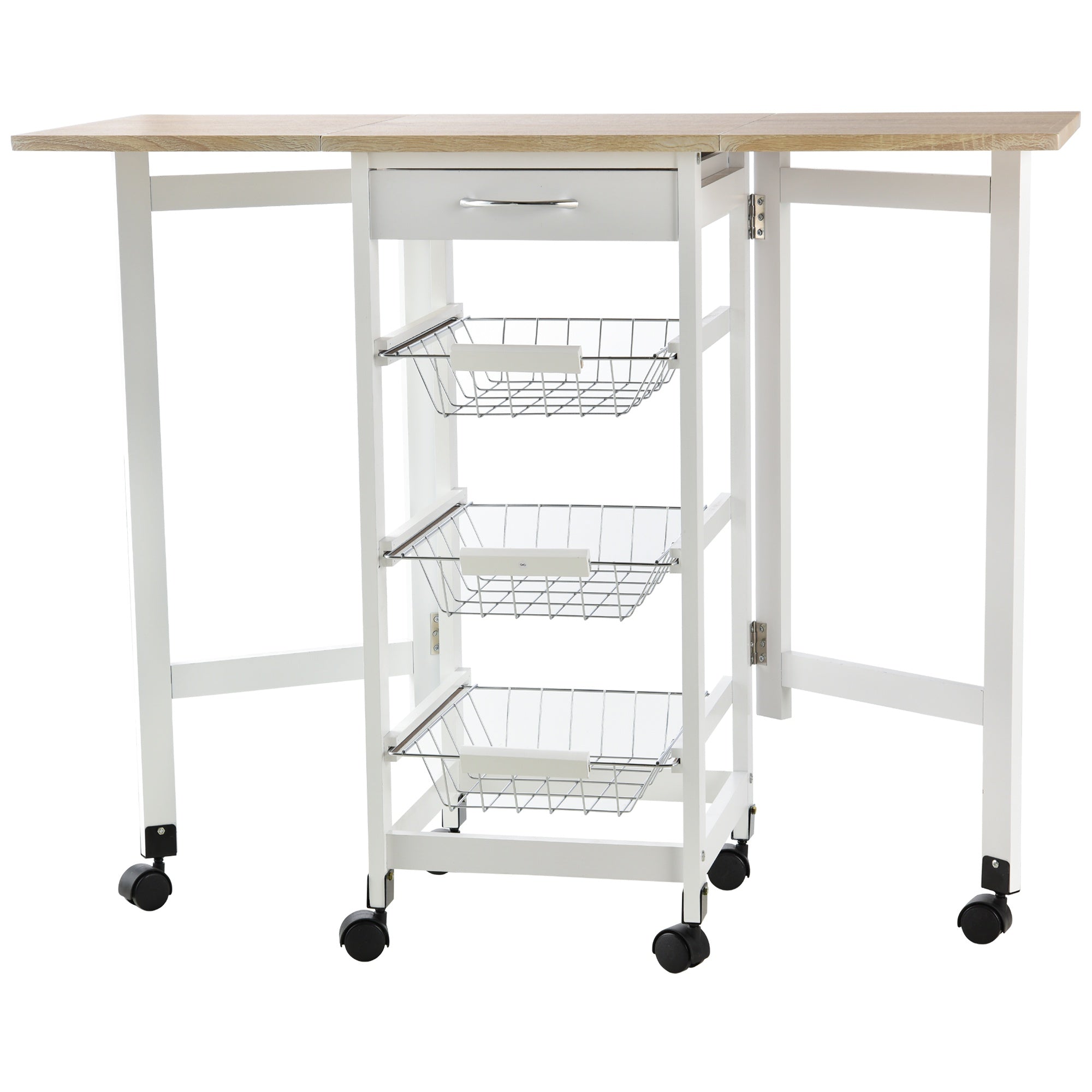 Easycomfort Carrello Portavivande Pieghevole a 6 Ruote with 3 Cestini, Cassetto e 2 Ribalte, Carrellino per Cucina in MDF e Metallo, 37x37x77.5 cm, white e Legno