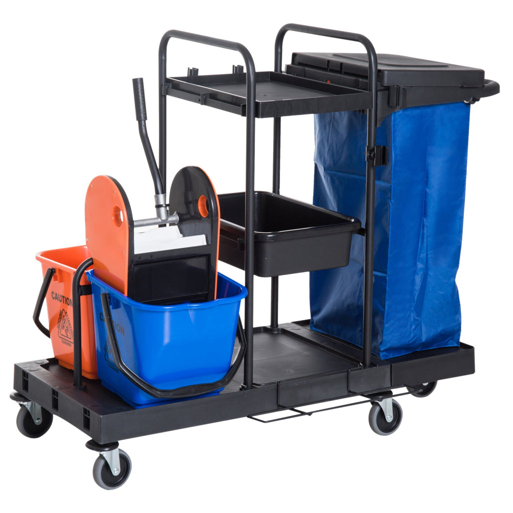 Easycomfort Carrello Pulizie Professionale a 3 Ripiani with Sacco per Immondizia, Ganci per Scopa, Secchio Lavapavimenti with Strizzatore per Mocio e 5 Ruote, per Hotel e Albergo, 111x63.3x103 cm, black
