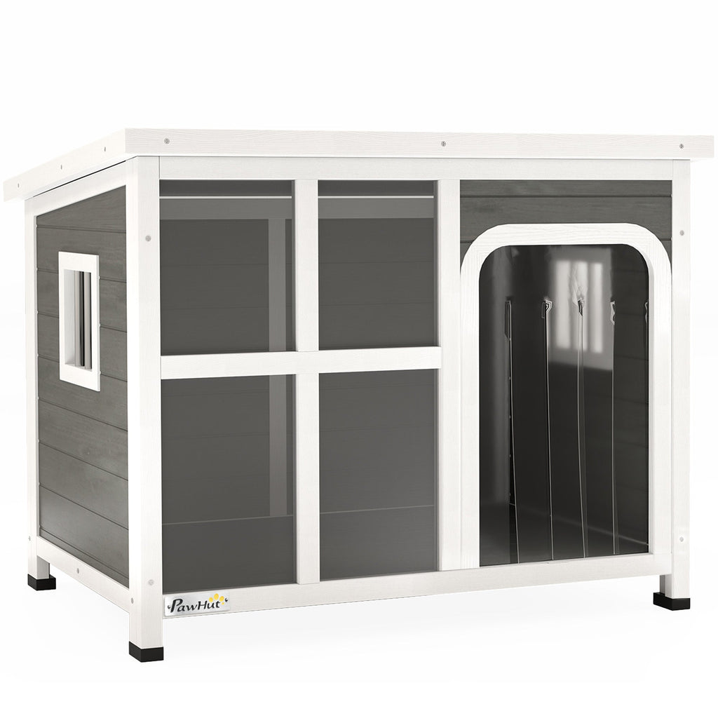 EasyComfort Casetta per Cani con Finestrelle e Ingresso a Tenda, in Legno di Abete, 90x62x71 cm, Grigio Chiaro