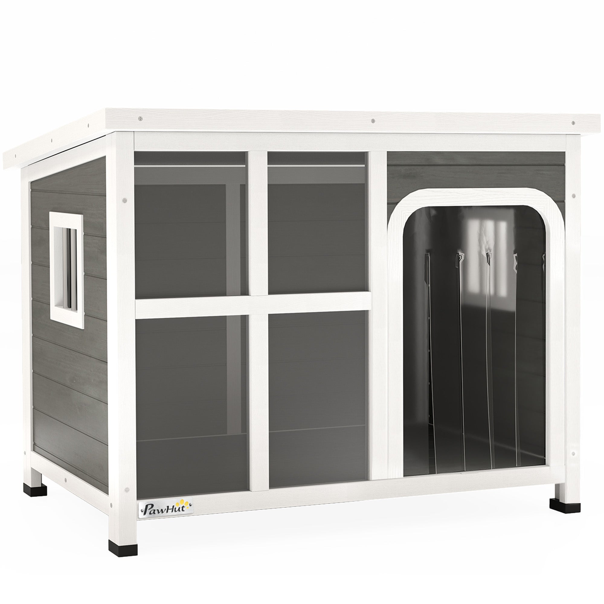EasyComfort Casetta per Cani con Finestrelle e Ingresso a Tenda, in Legno di Abete, 90x62x71 cm, Grigio Chiaro