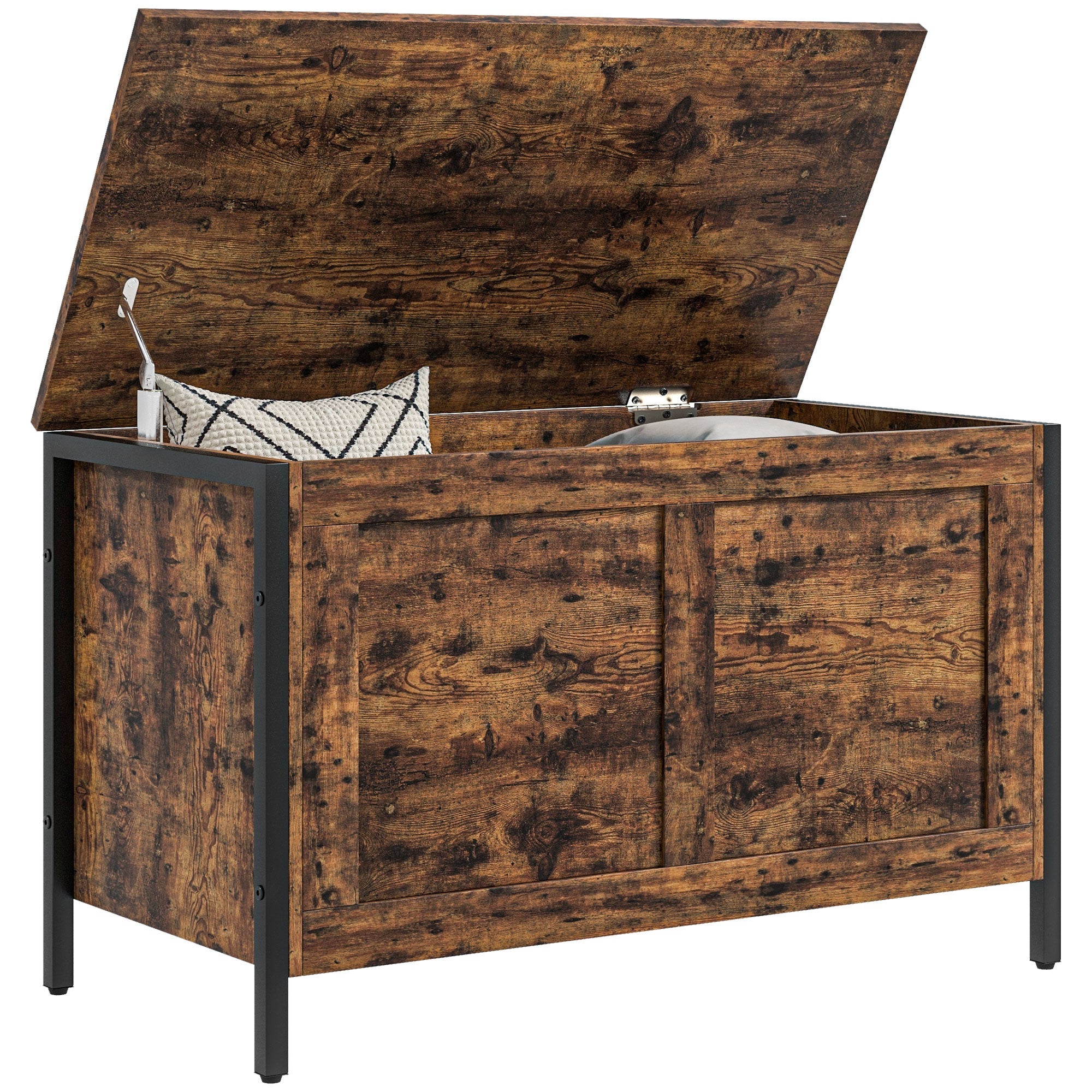 EasyComfort Cassapanca in Legno da 95L Stile Industriale with Coperchio e Cerniera di Sicurezza, 80x40x49cm, Marrone