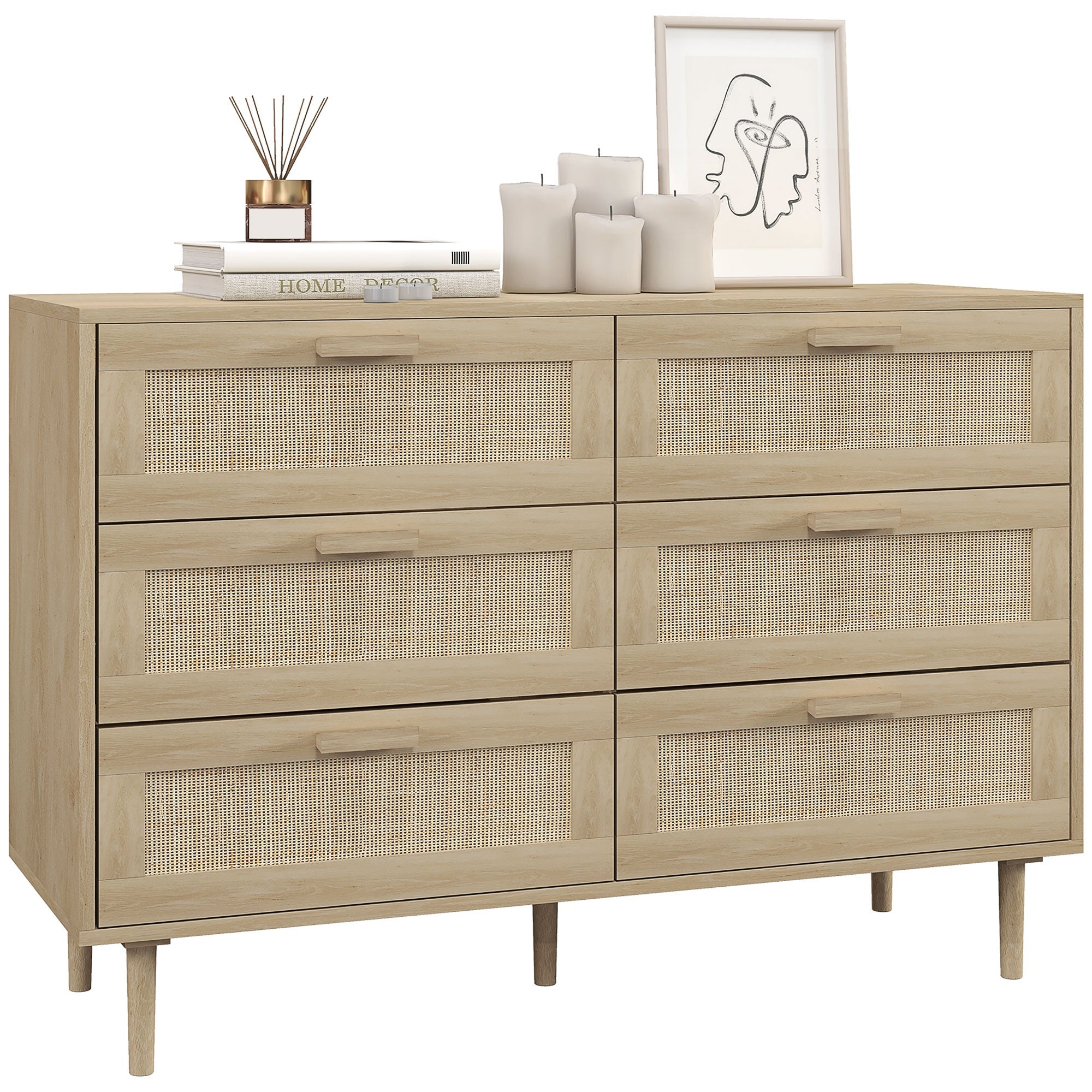 EasyComfort Cassettiera 6 Cassetti in Legno e Rattan Stile Boho per Soggiorno e Camera da Letto, 110x40x75 cm