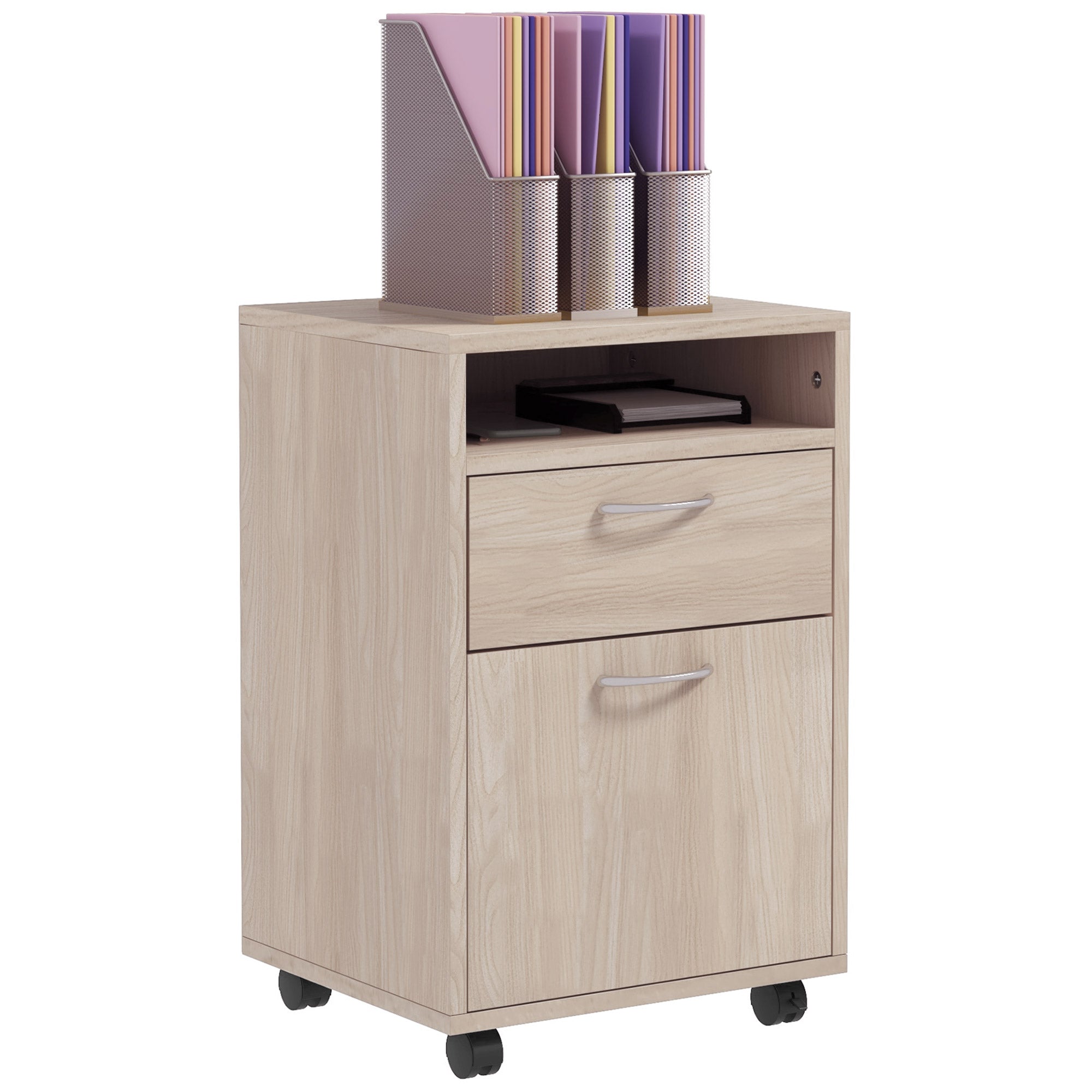 EasyComfort Cassettiera da Ufficio Portadocumenti with Ripiano Aperto e 2 Cassetti, in Legno e Metallo, 40x35x60 cm, Rovere