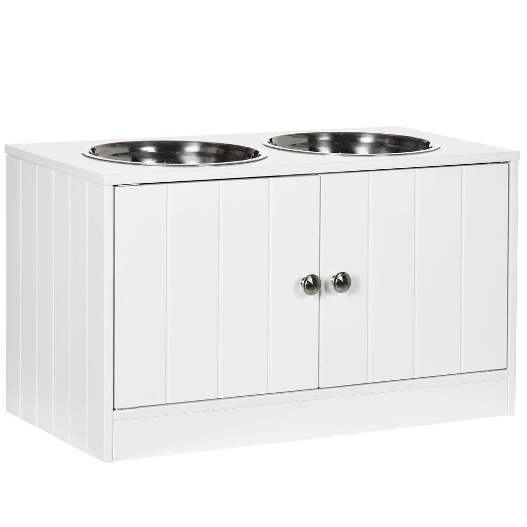 EasyComfort Ciotole per Cani Rialzate con Armadietto da 44L e 2 Ciotole in Acciaio, 60x30x35.5cm, Bianco