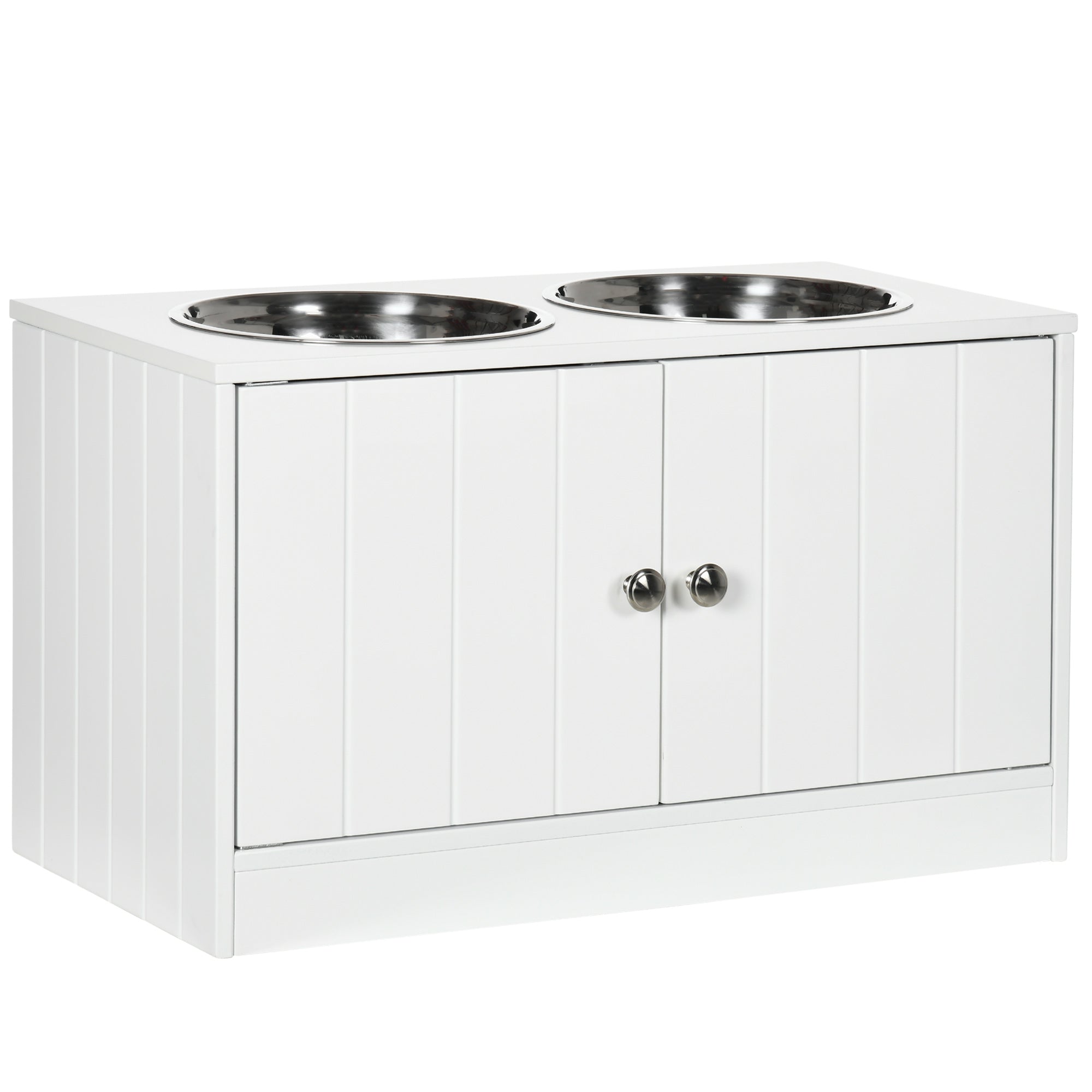 EasyComfort Ciotole per Cani Rialzate con Armadietto da 44L e 2 Ciotole in Acciaio, 60x30x35.5cm, Bianco