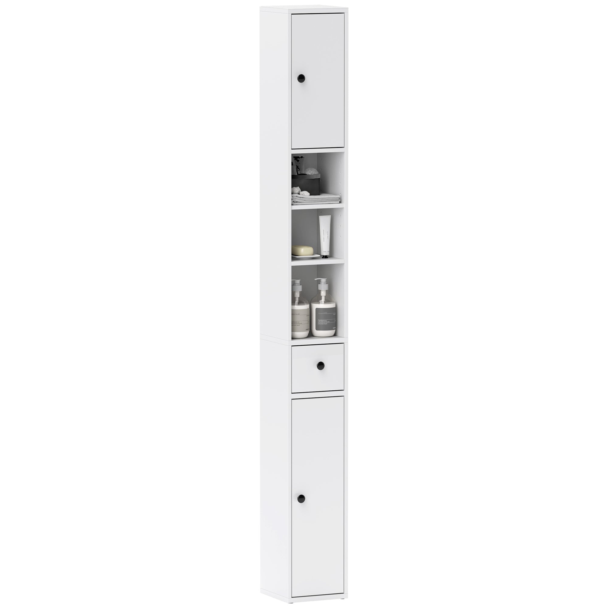 EasyComfort Colonna Bagno Salvaspazio with 2 Armadietti, 3 Ripiani Aperti e Cassetto, in Legno, 20x20x178 cm, white