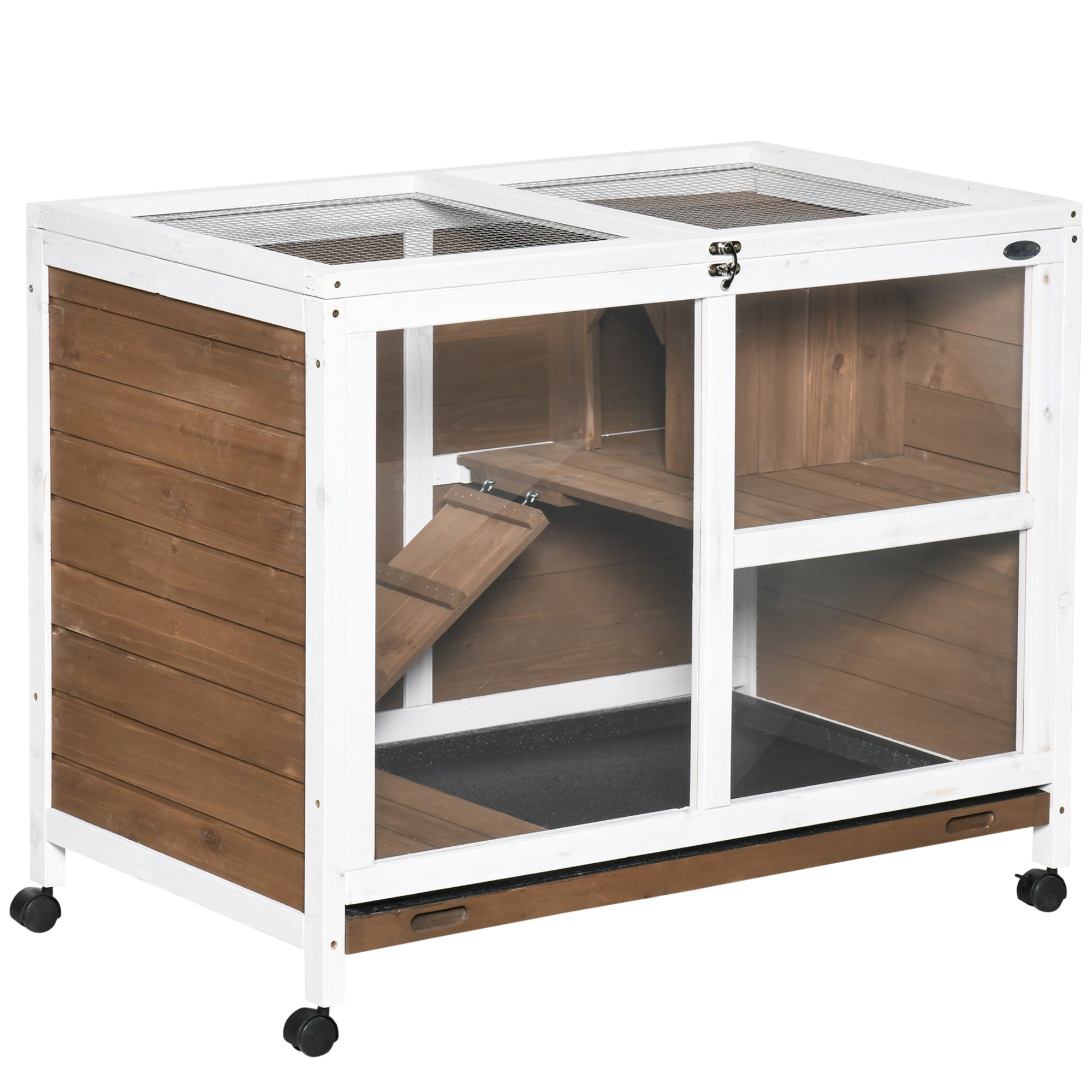 EasyComfort Conigliera a 2 Livelli con Casetta, Rampa e Vassoio Estraibile, in Legno di Abete, 91.5x53.3x73 cm, Marrone