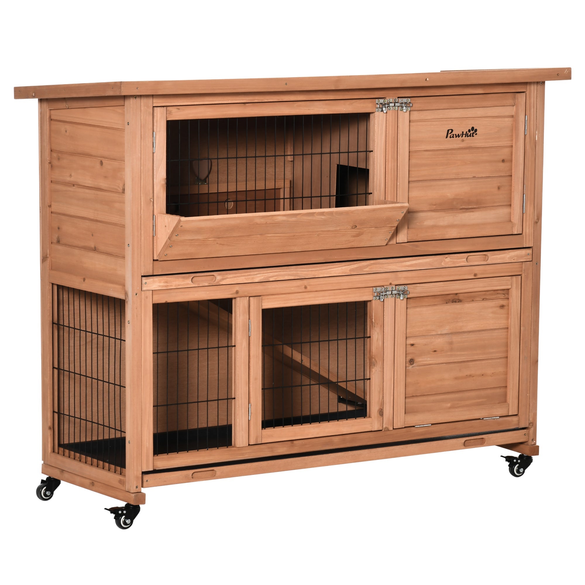 Easycomfort Conigliera in Legno a 2 Livelli with Ruote, Vassoio Estraibile e Rampa, 122x50x101cm